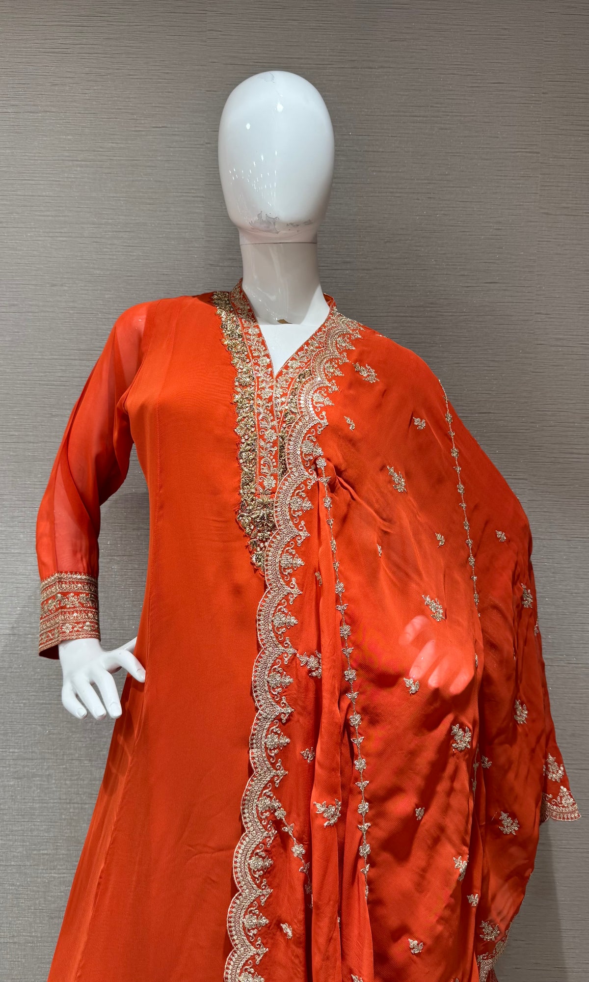 Orange Embroidered Cotton Kurta Set with Floral Dupatta