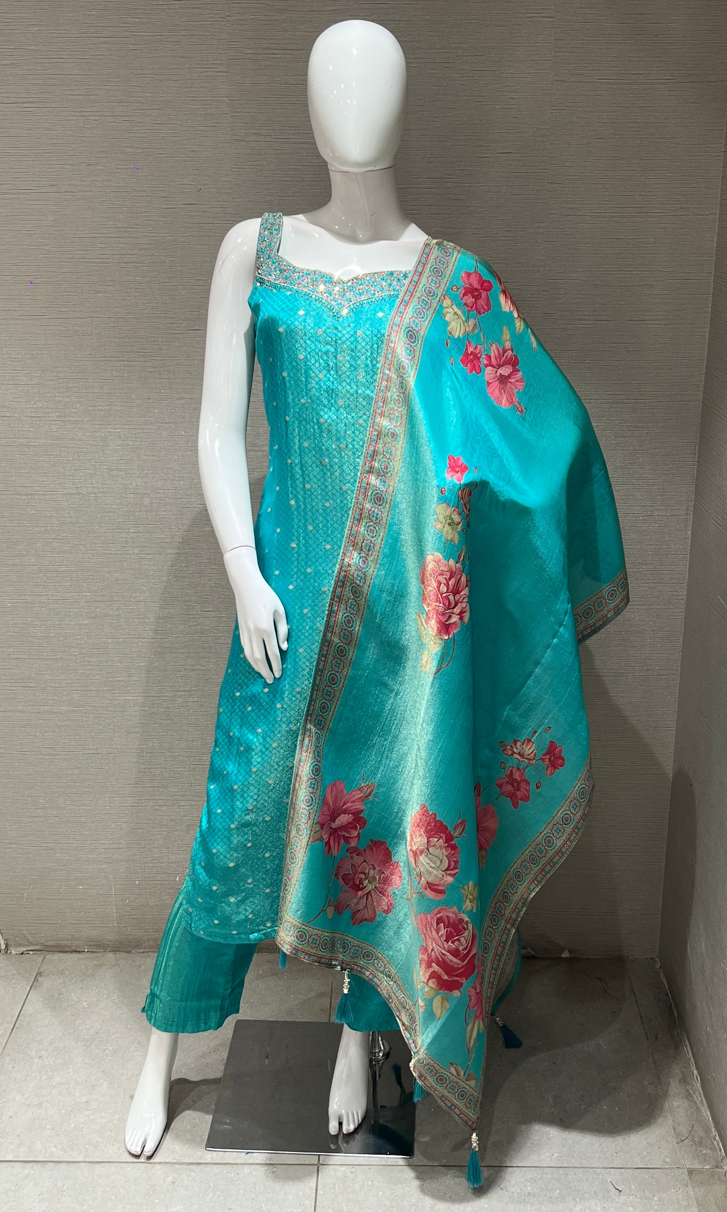 Sea blue kurta set with floral printed dupatta