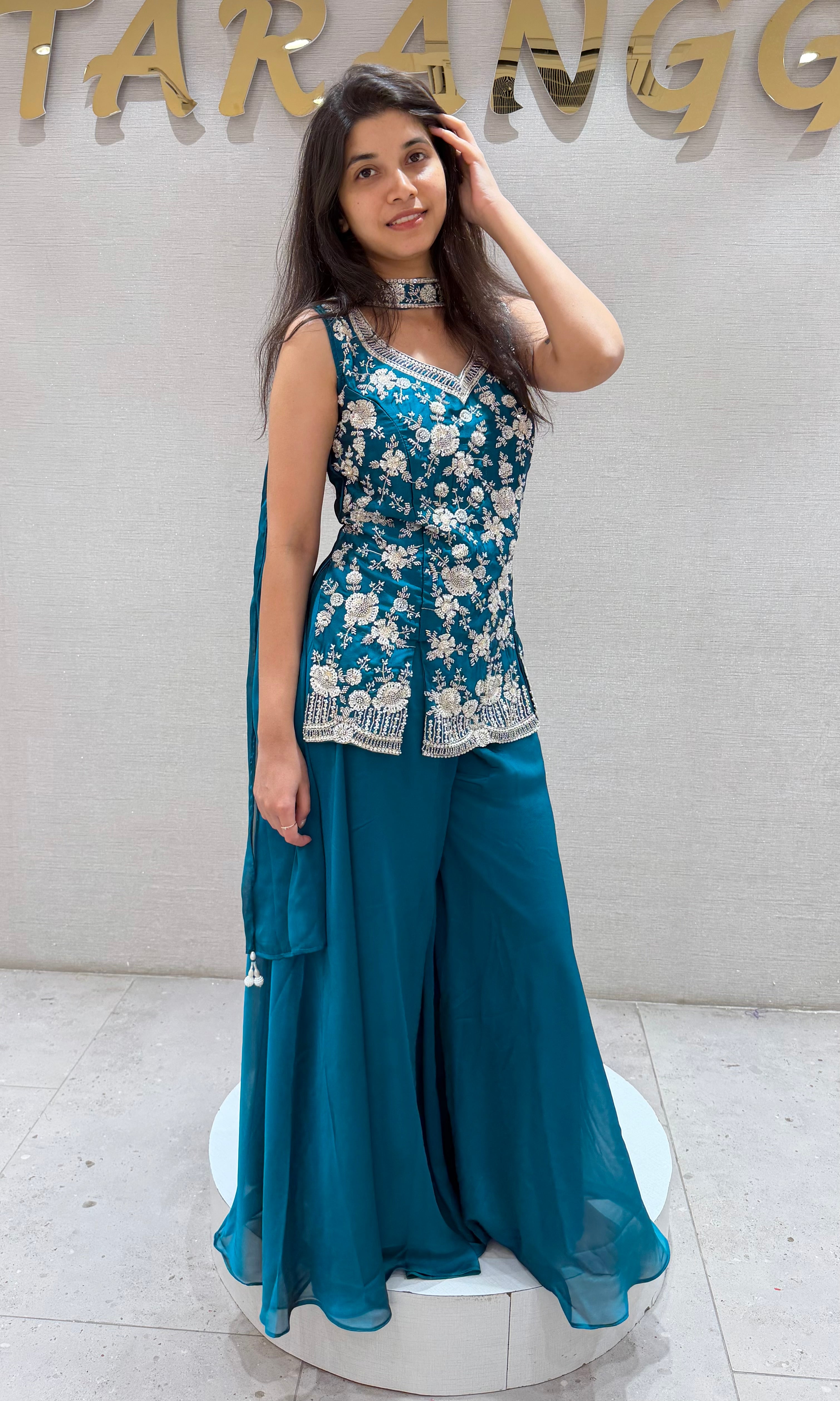 Rama blue embroidered sharara set