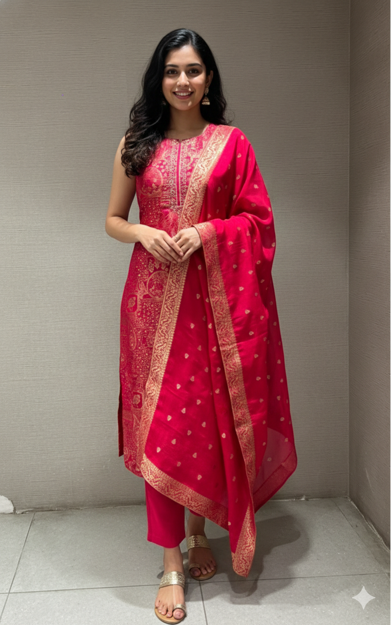 PINK ETHNIC KURTA SET WITH WOVEN DUPATTA