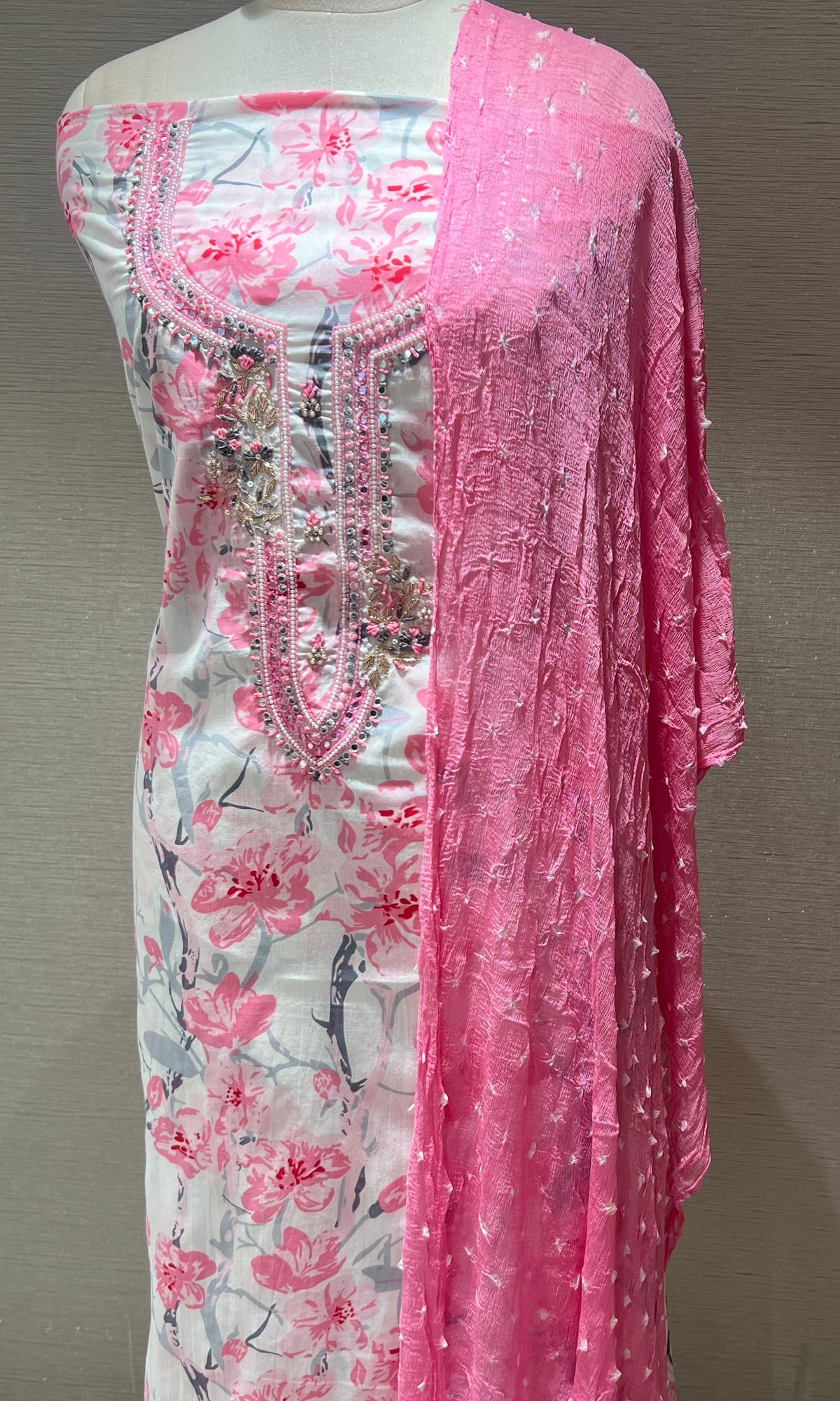 pink floral dress material