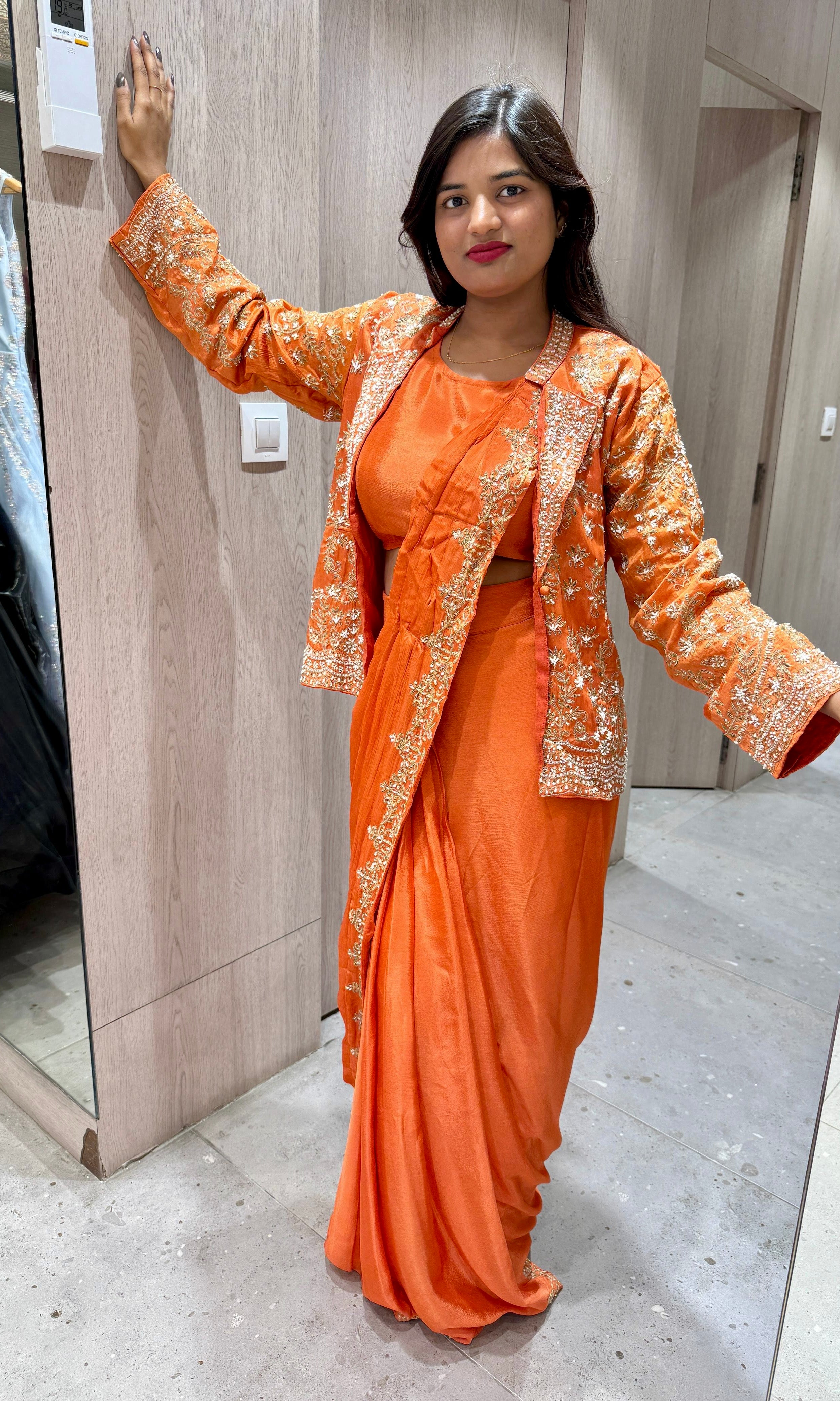 Orange Drape Saree With Golden Work Jacket