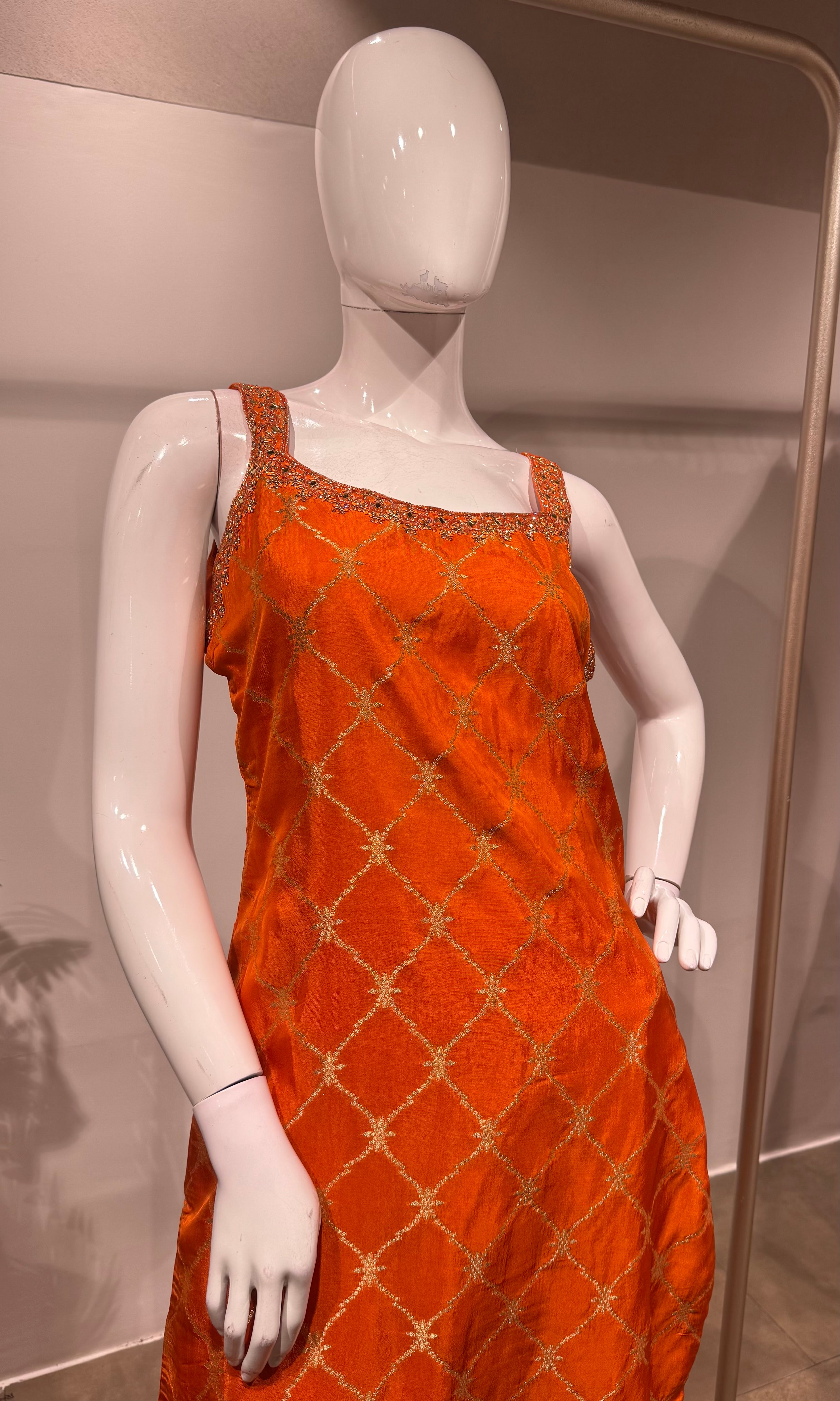 Orange silk straight kurta set