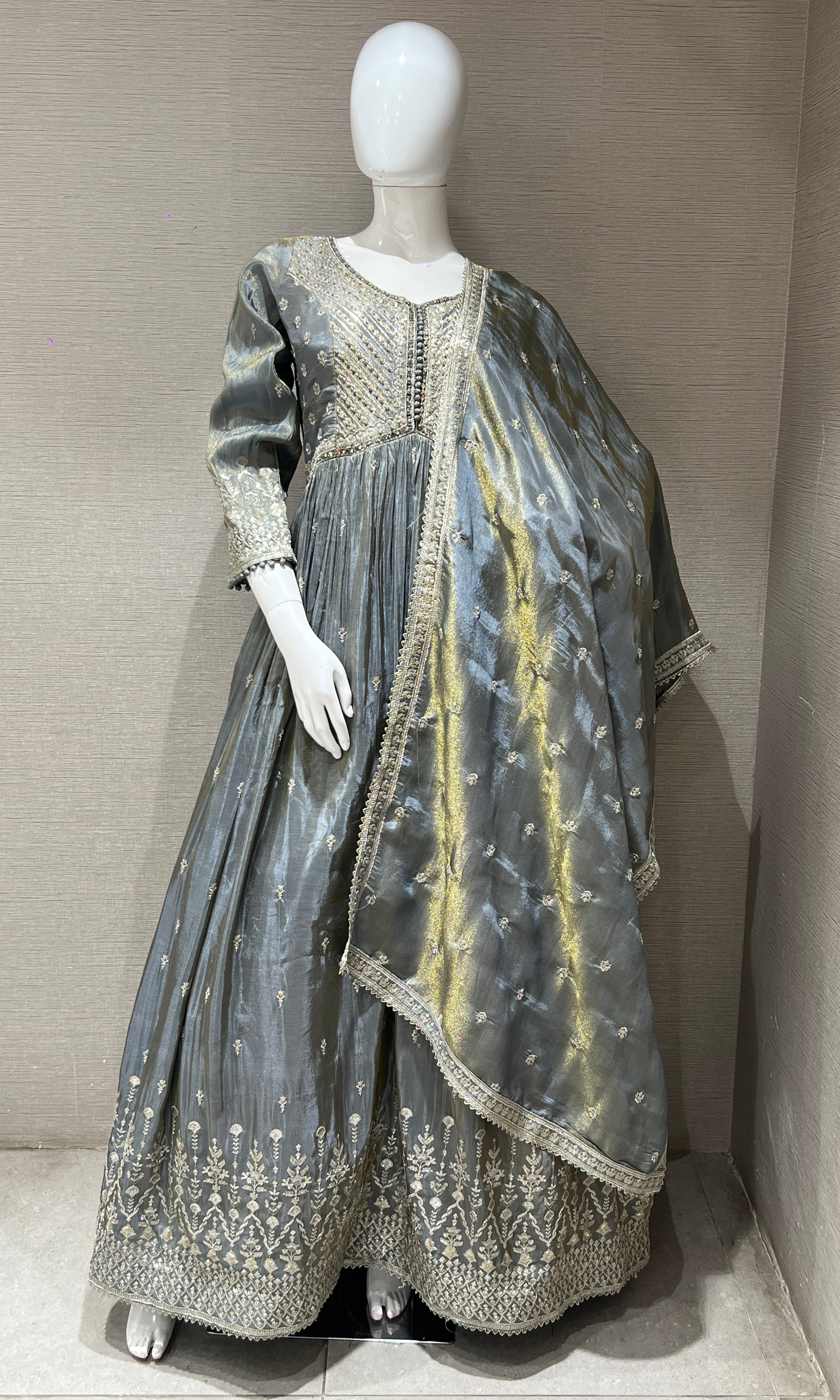 Grey long anarkali with stone embroidered