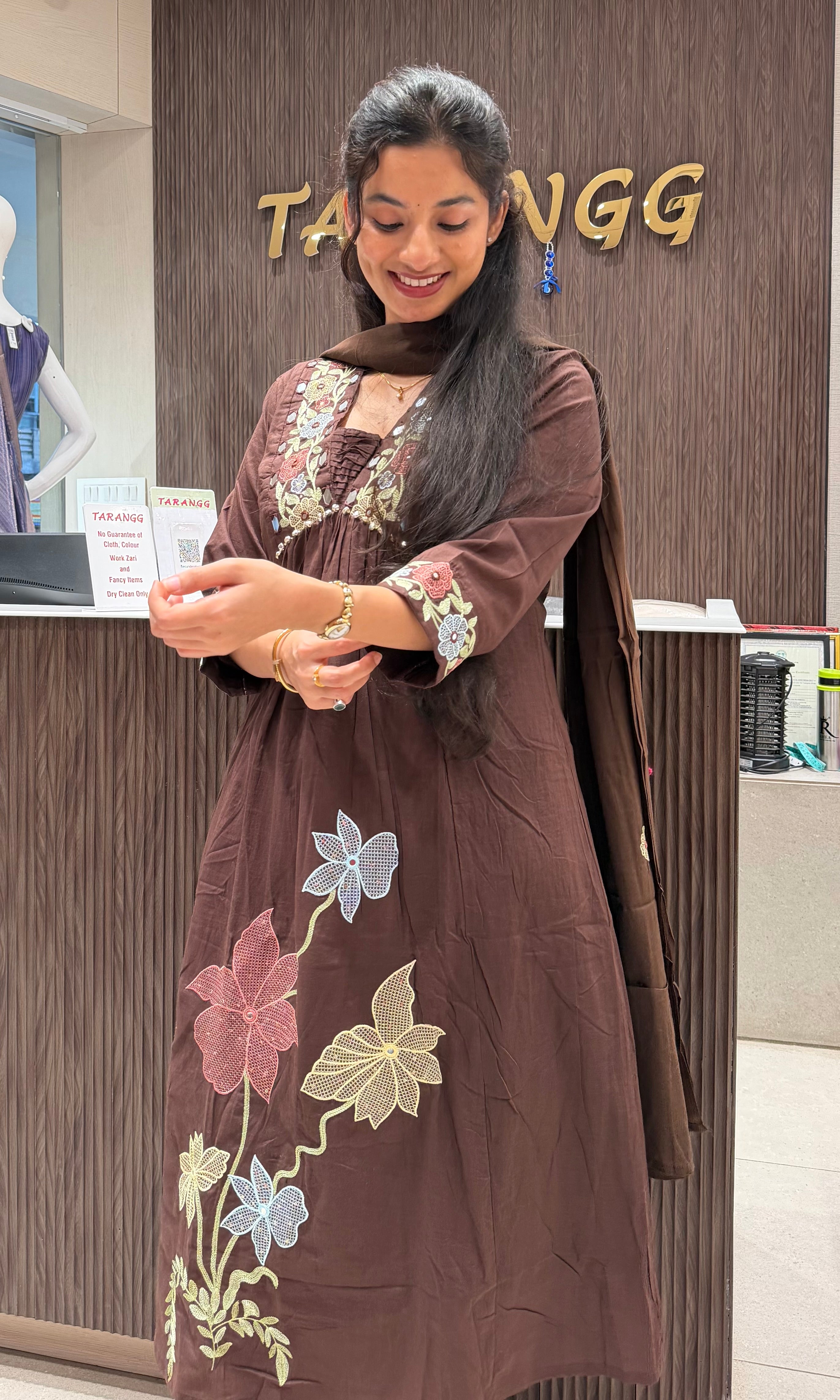 Brown Floral Embroidered Kurta set