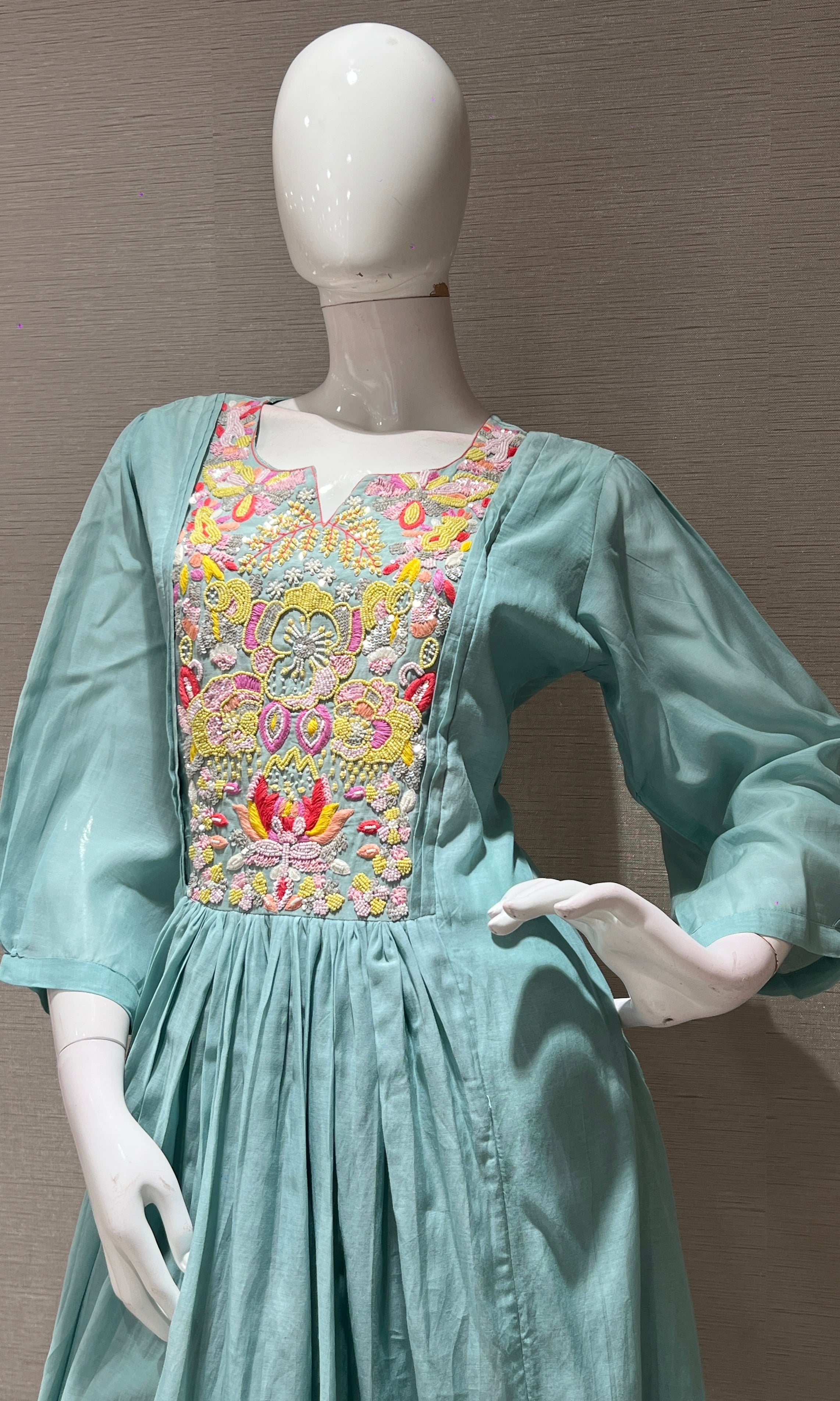 sea blue floral bead work mul chanderi kurta set