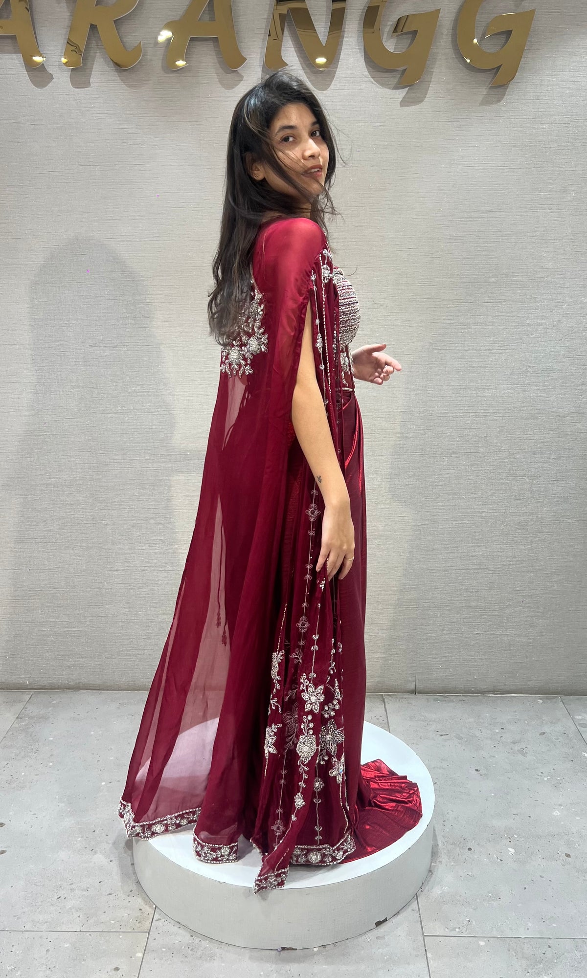Maroon Deep Embroidered Cape Skirt