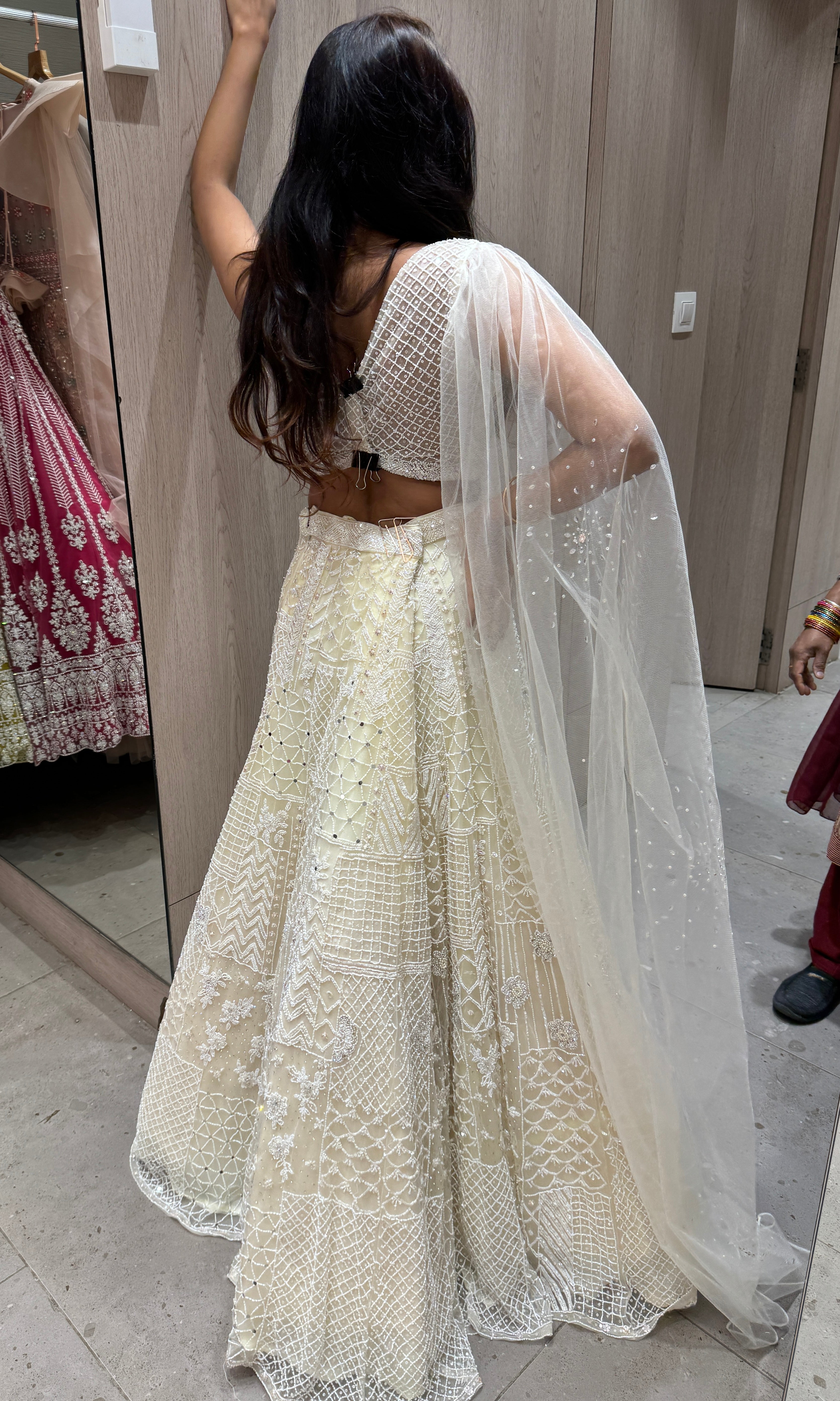 White Lehenga with moti work embroidery designs 1000