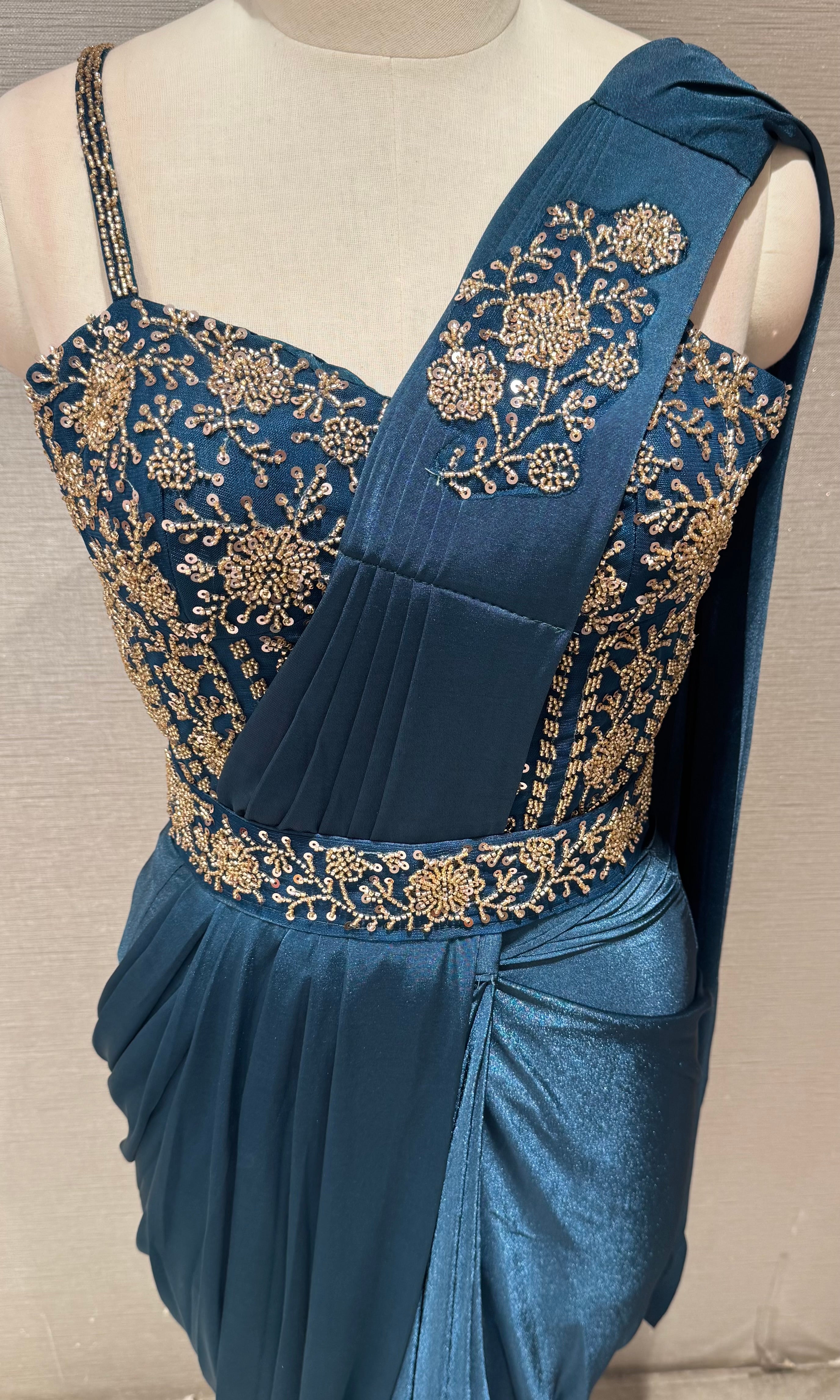 Blue Drape saree with embellished corset blouse