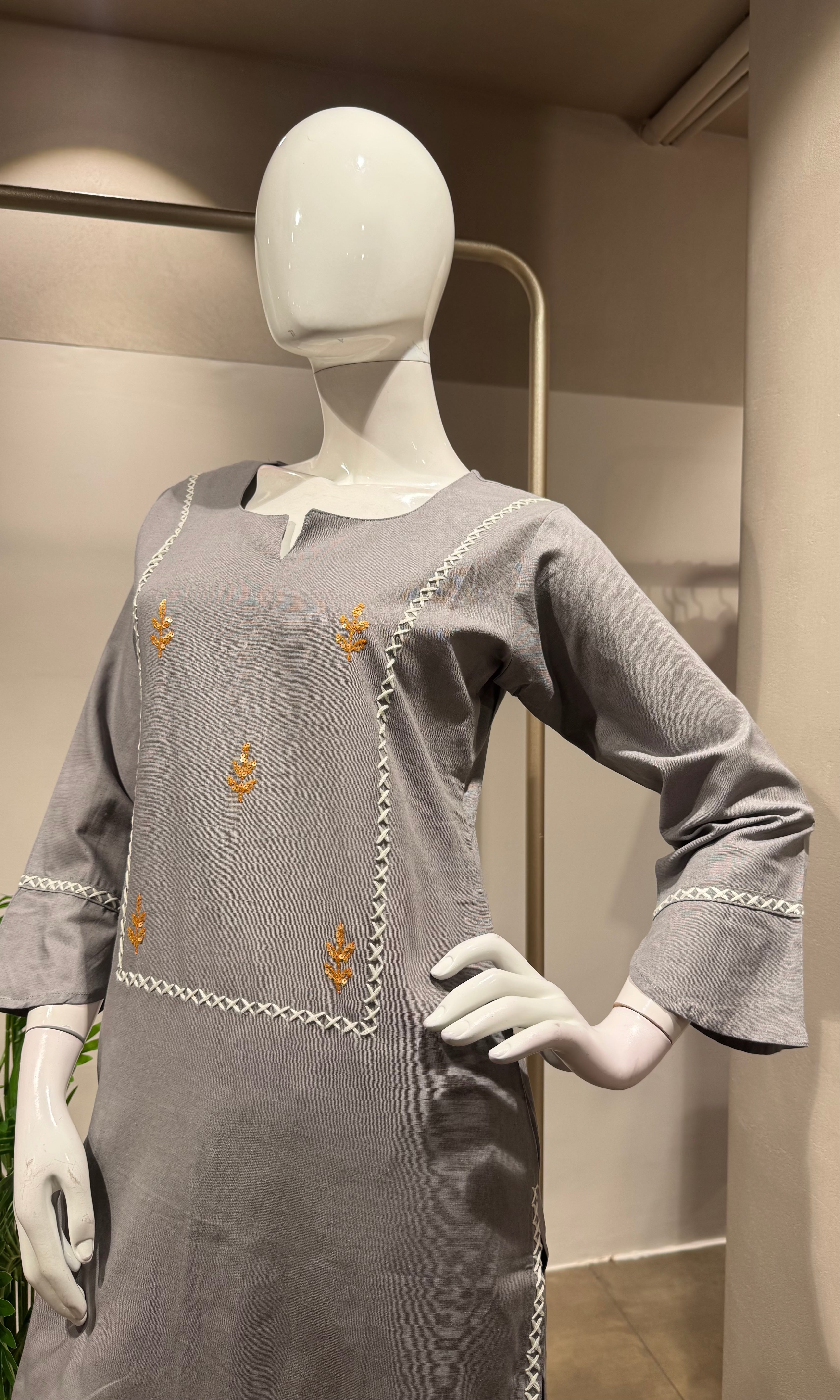 grey embroidered KURTI WITH BOTTOM
