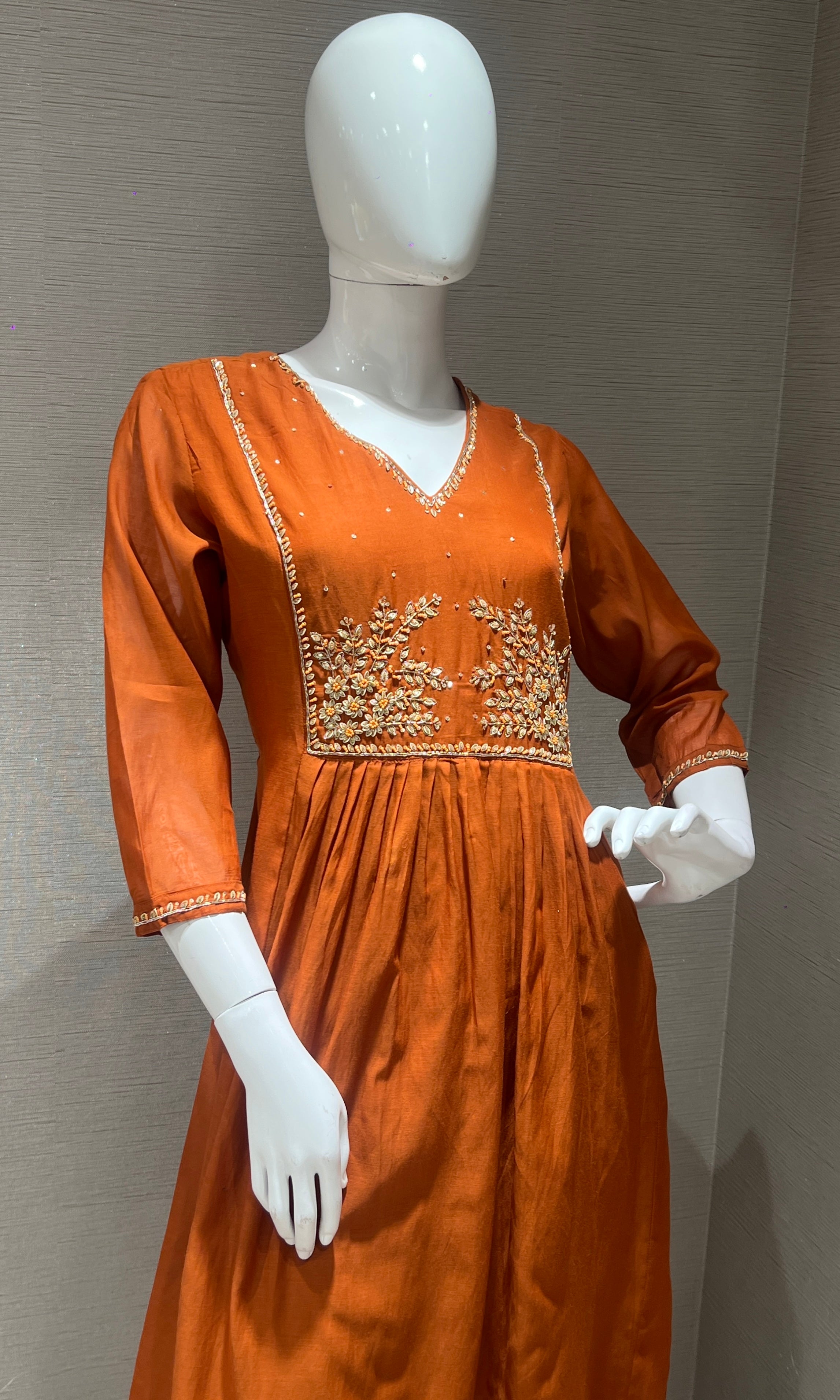 Rust orange Mul Chanderi kurta set