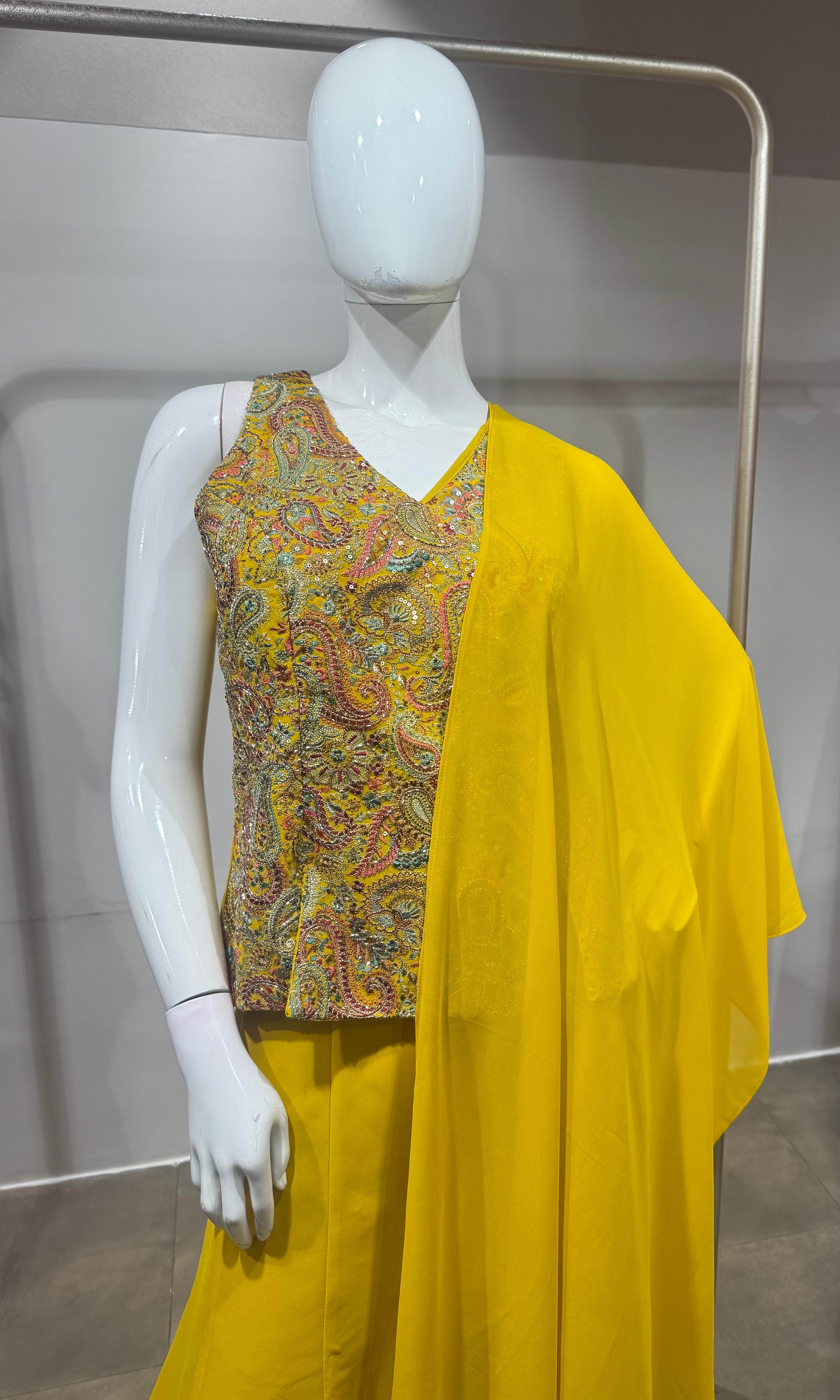 Yellow Embroidered Peplum Palazzo Set