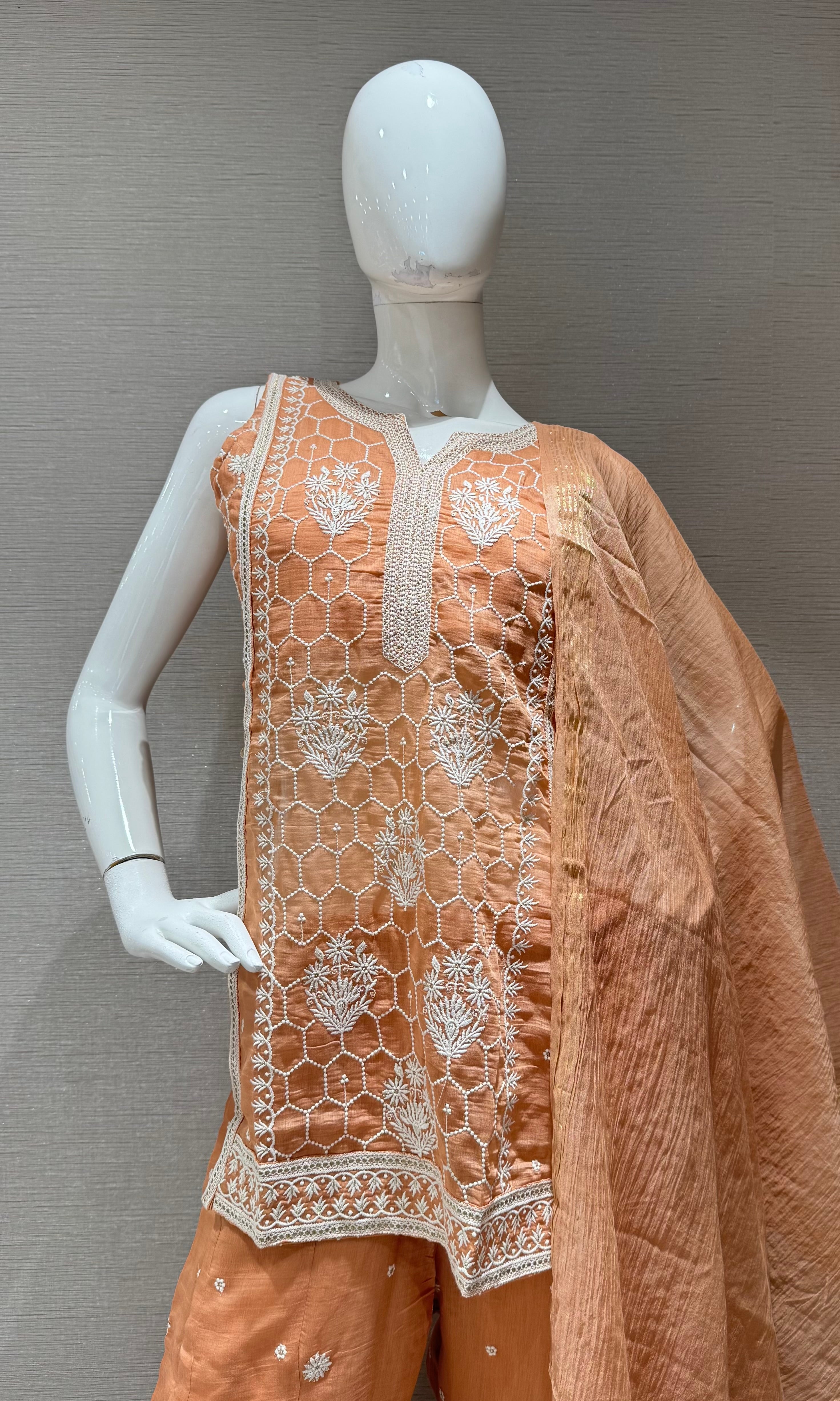 Peach Floral Embroidered Palazzo with Sheer Dupatta