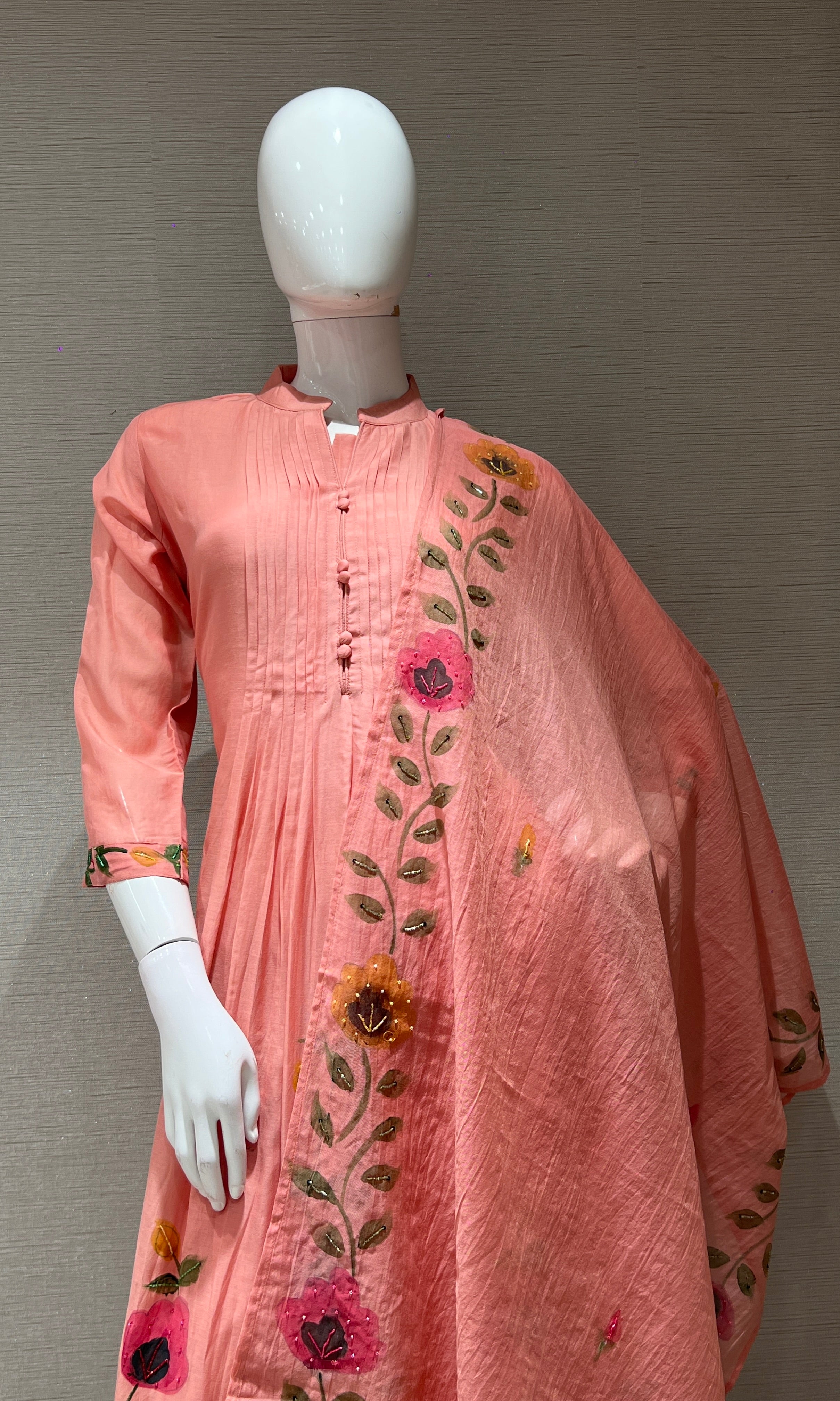Onion pink FLORAL MUL CHANDERI KURTA SET