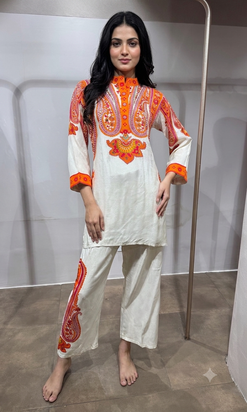 Classic White Orange Ethnic Printed Cord set
