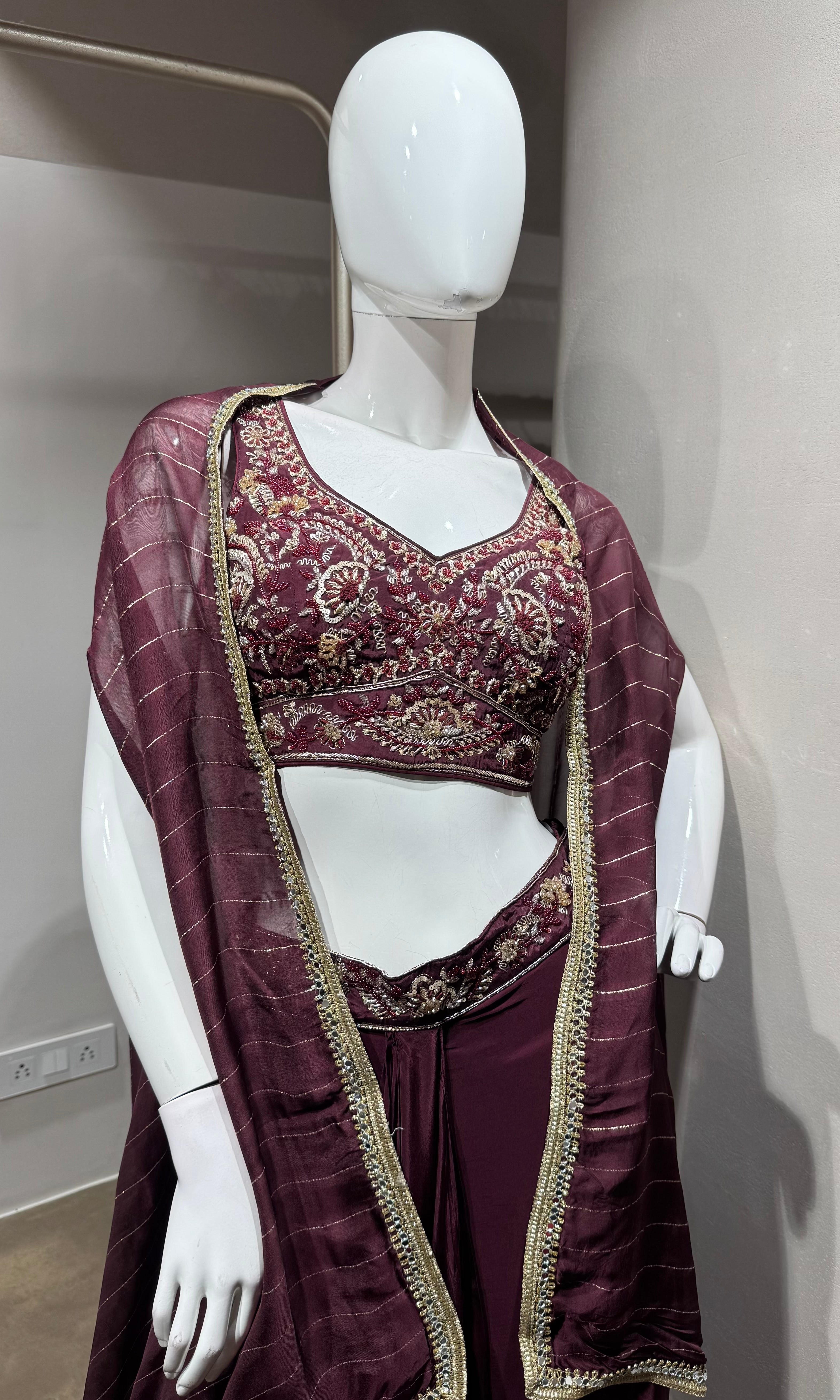 WINE SILK DRAPE SKIRT WITH CAPE AND CROP TOP