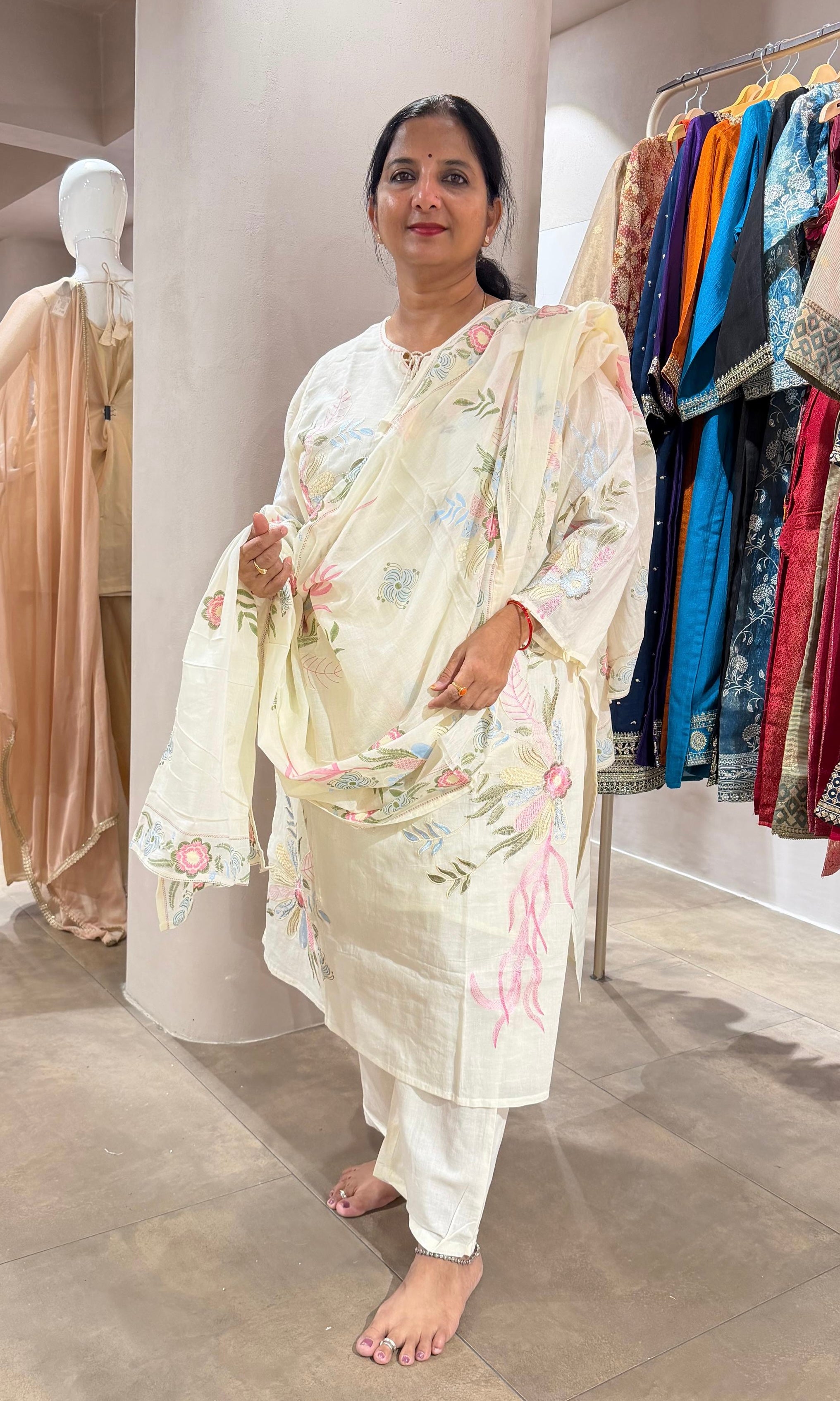 Cream spring summer floral design kurta set