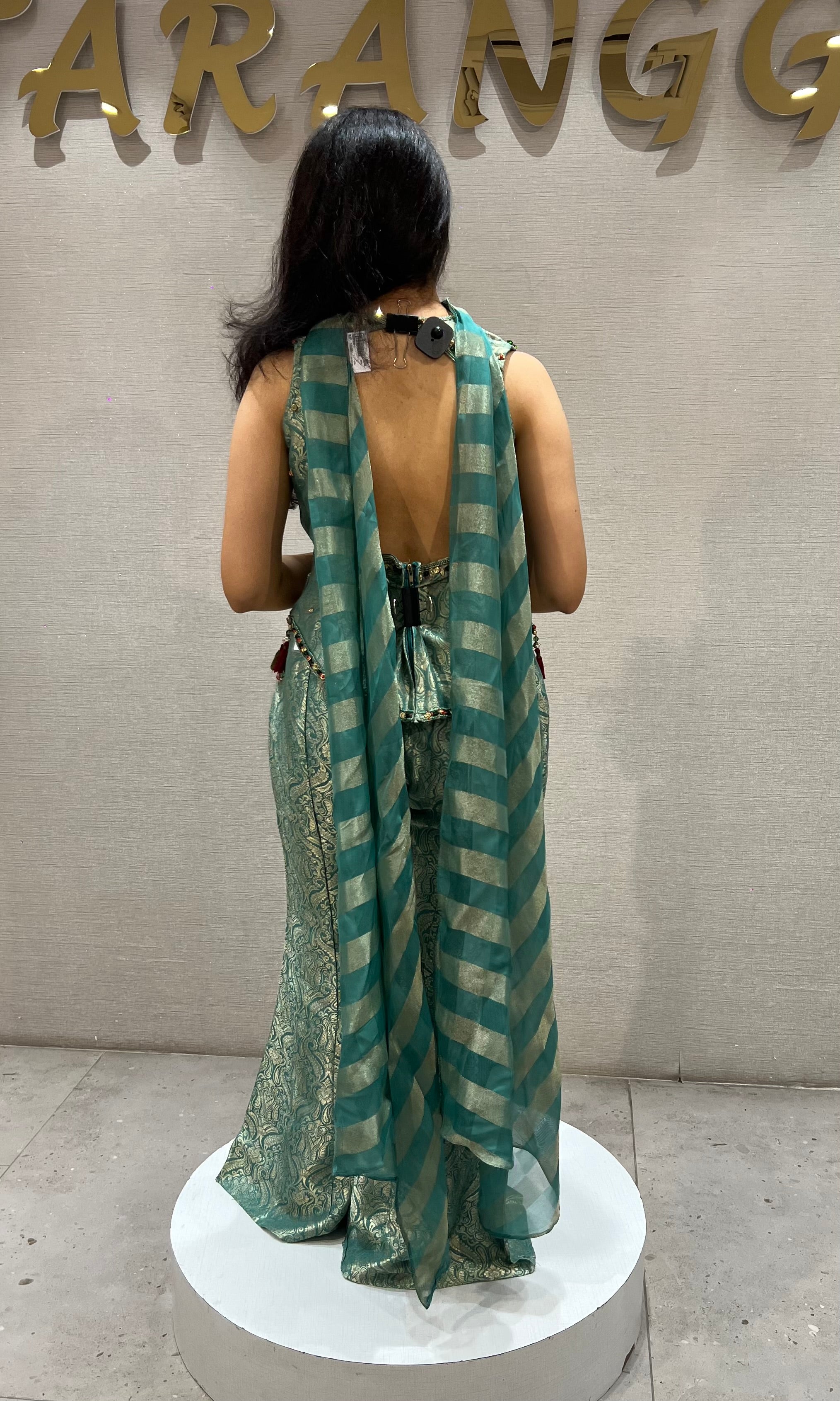 Green Gold Floral Banarasi Silk Brocade Peplum palazzo set