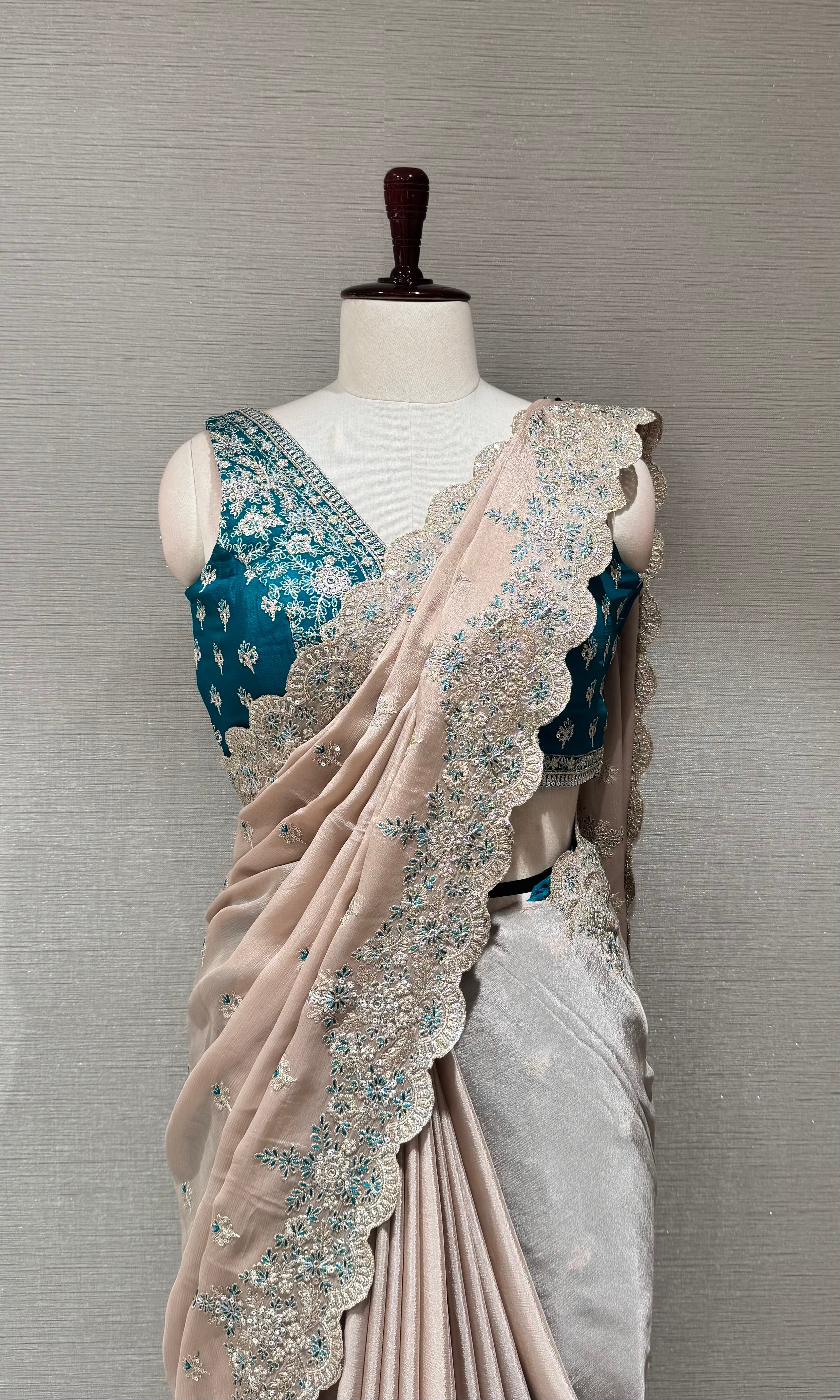 Champagne Silk Saree with Peacock Blue Blouse
