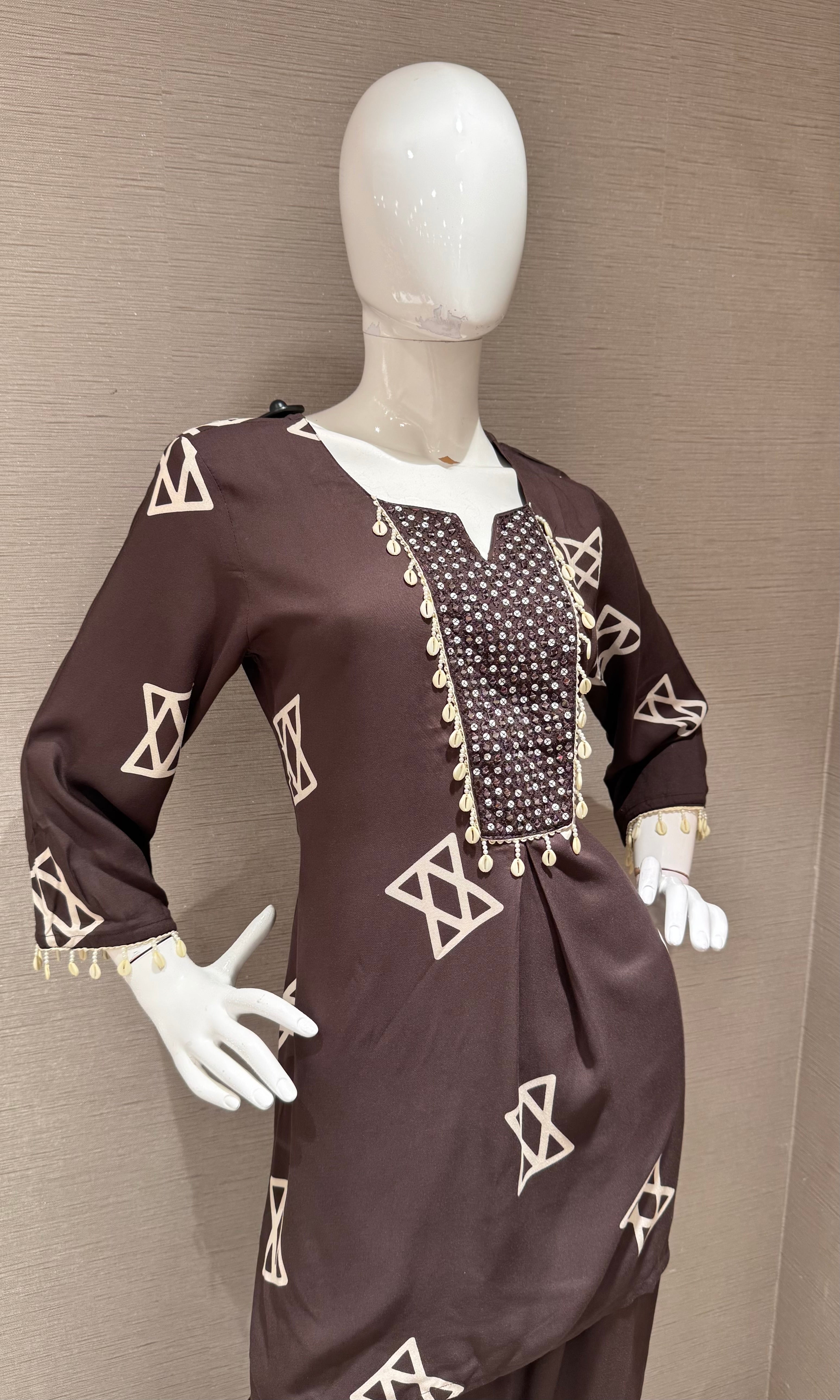 Brown Geometric Print Ethnic Co-Ord Set
