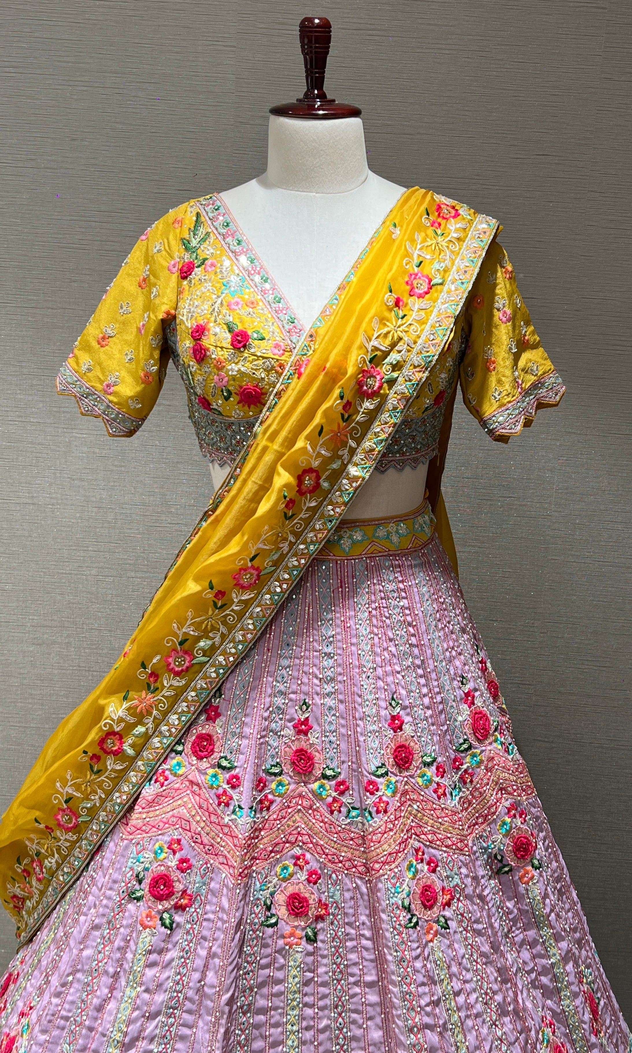 Lilac and Yellow Floral Embroidered Lehenga