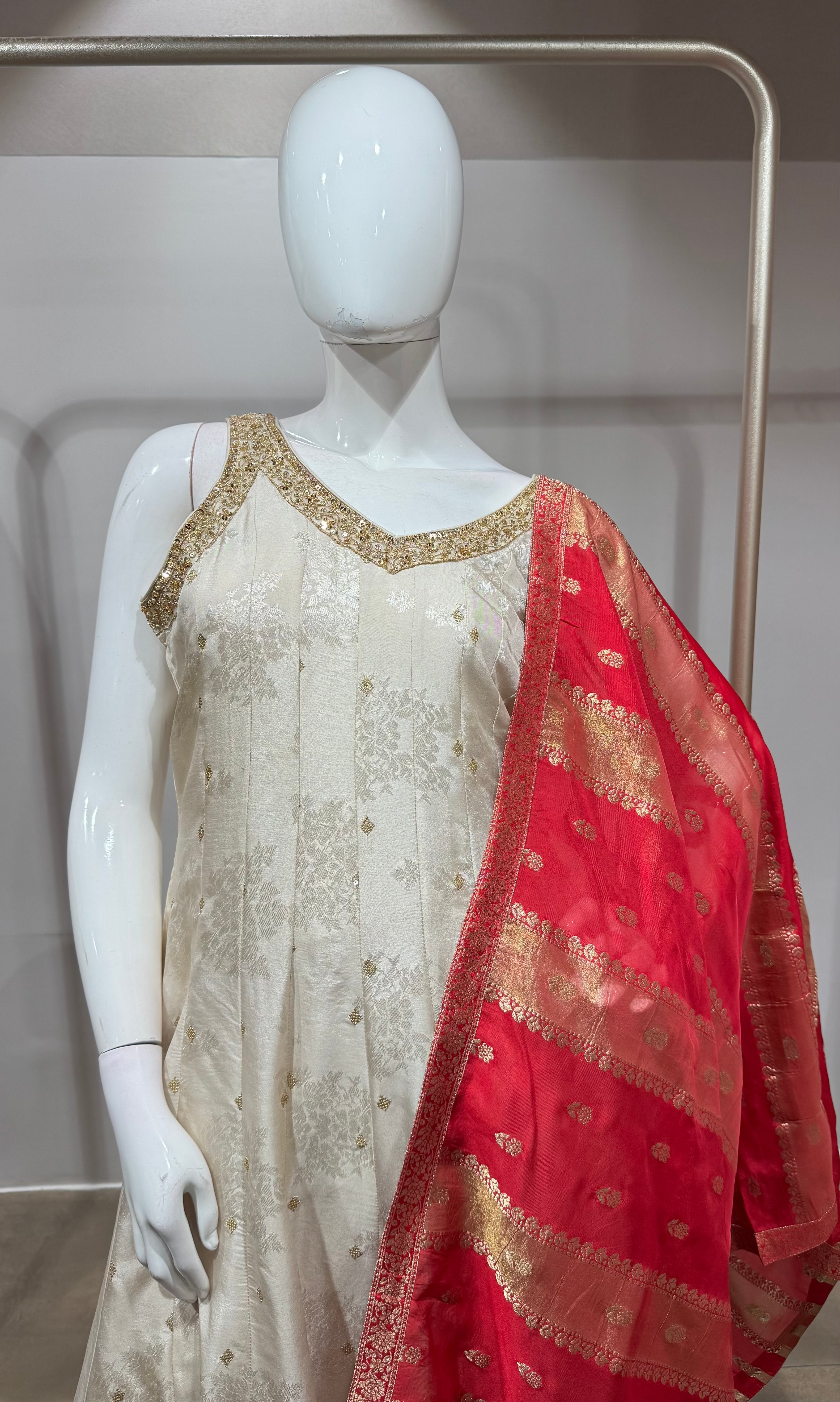 Cream Golden Anarkali with Contrast Dupatta