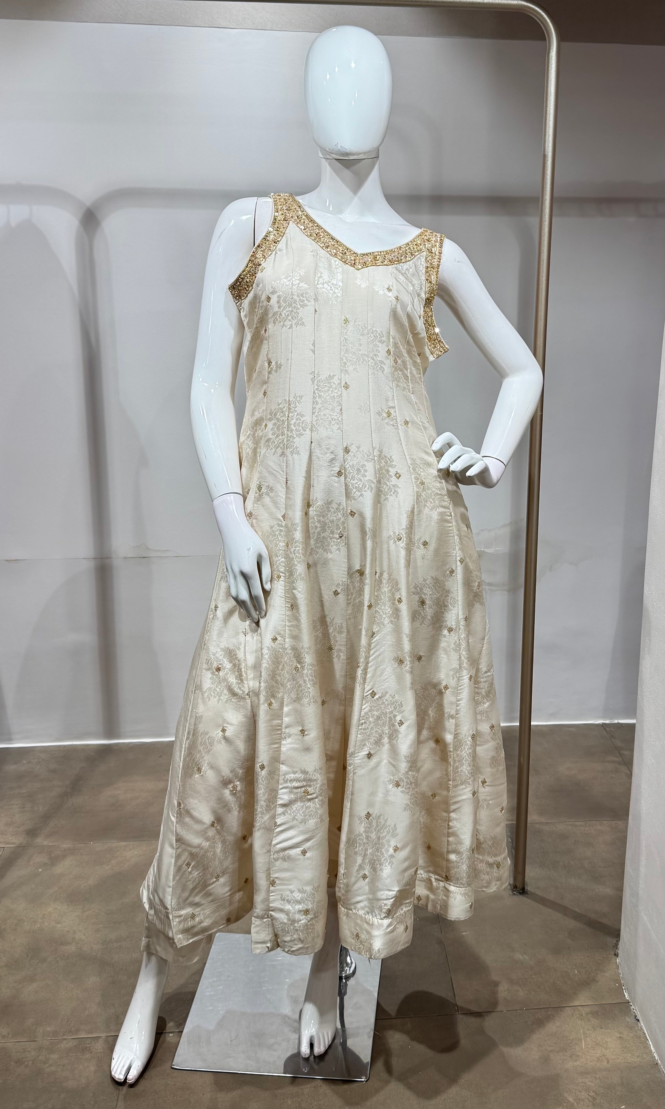 Cream Golden Anarkali with Contrast Dupatta
