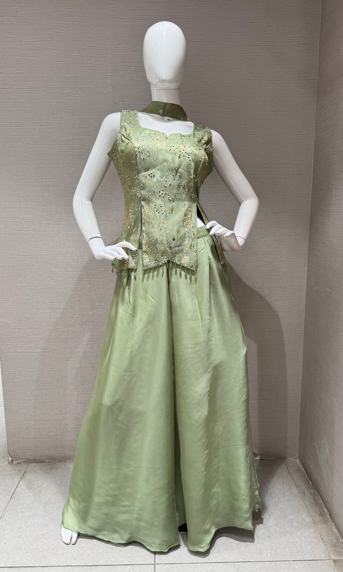 Pastal Green Satin Embellished Crop Top and Palazzo Set