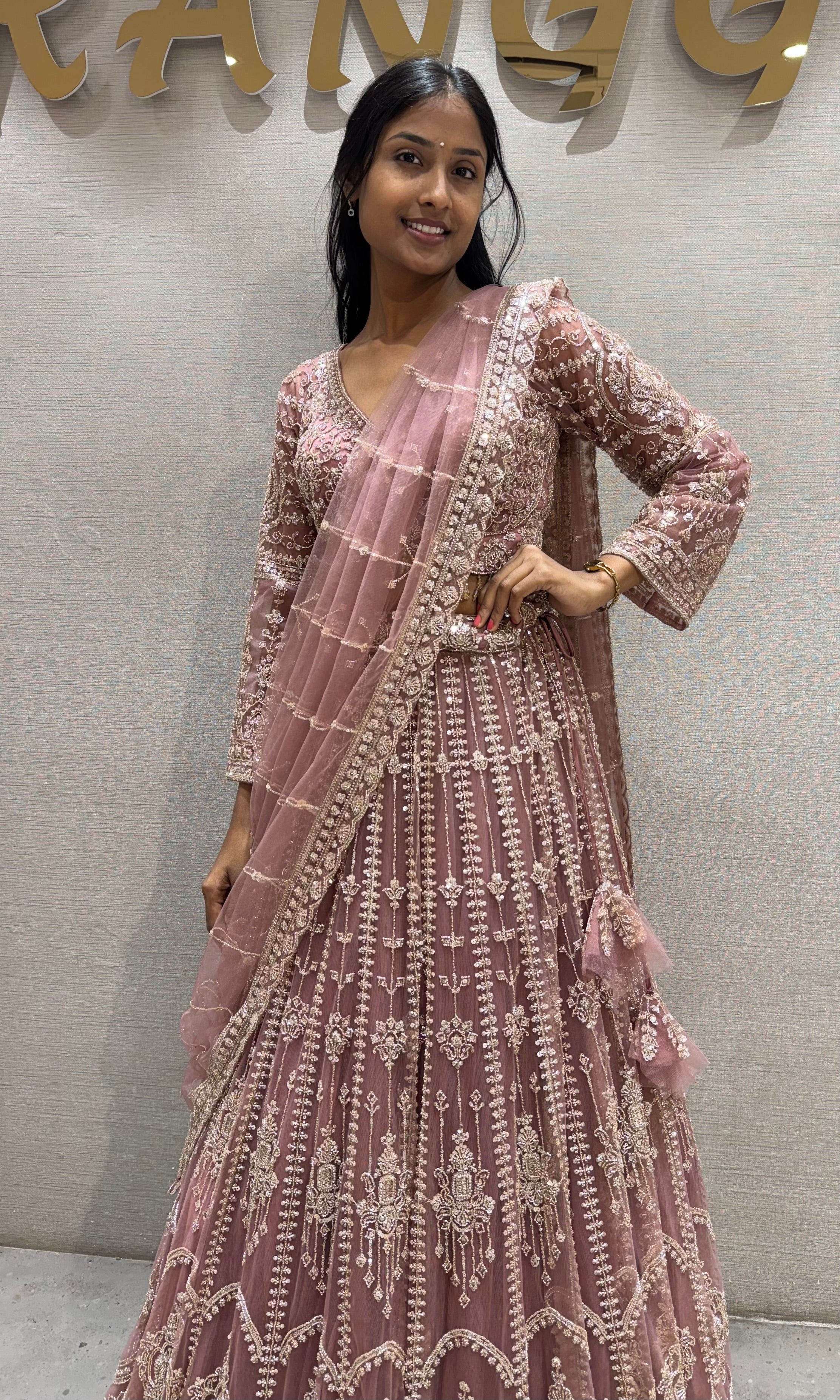 Pastel Rose pink Net Lehenga with Full Embroidered Sleeves