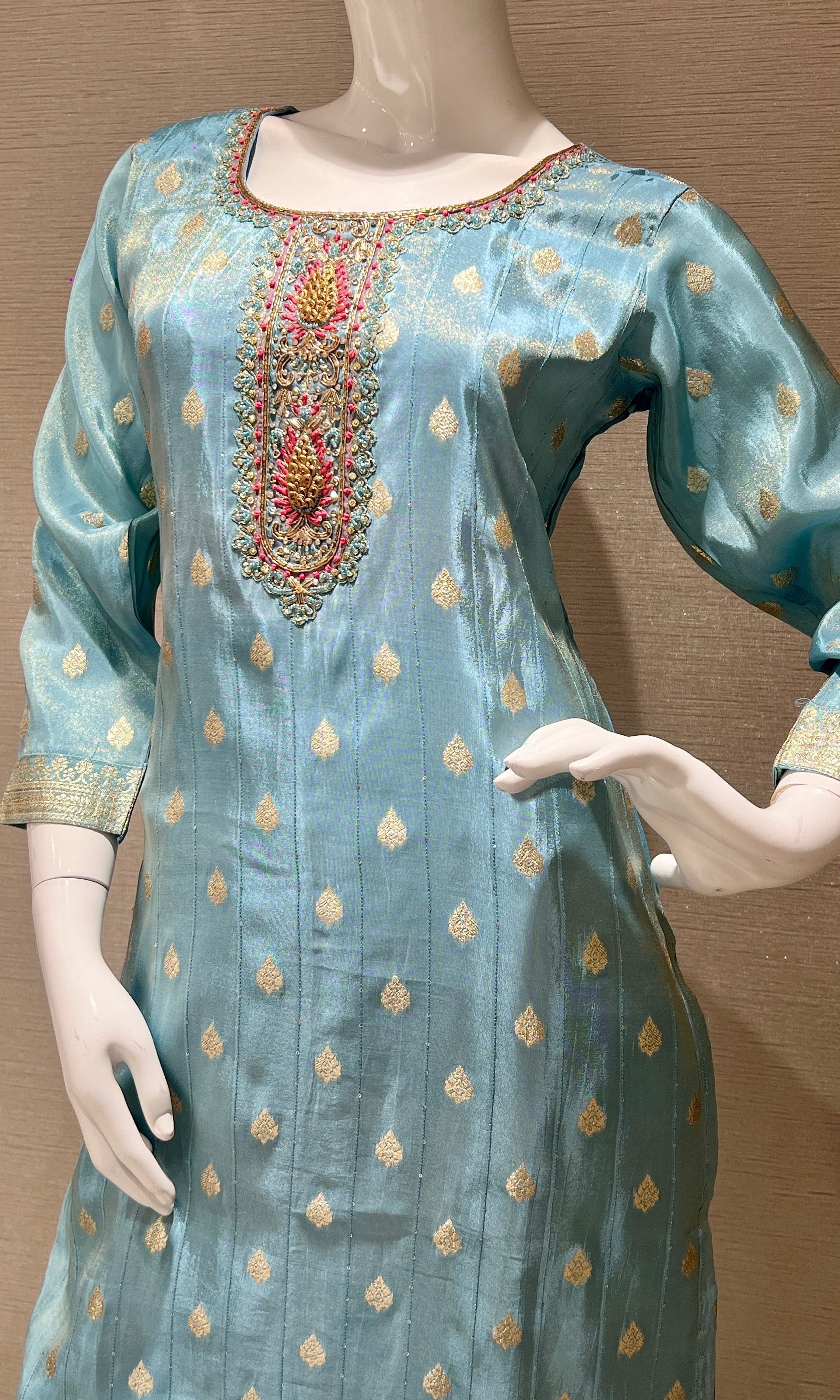 Aqua Bloom Embroidered Suit Set