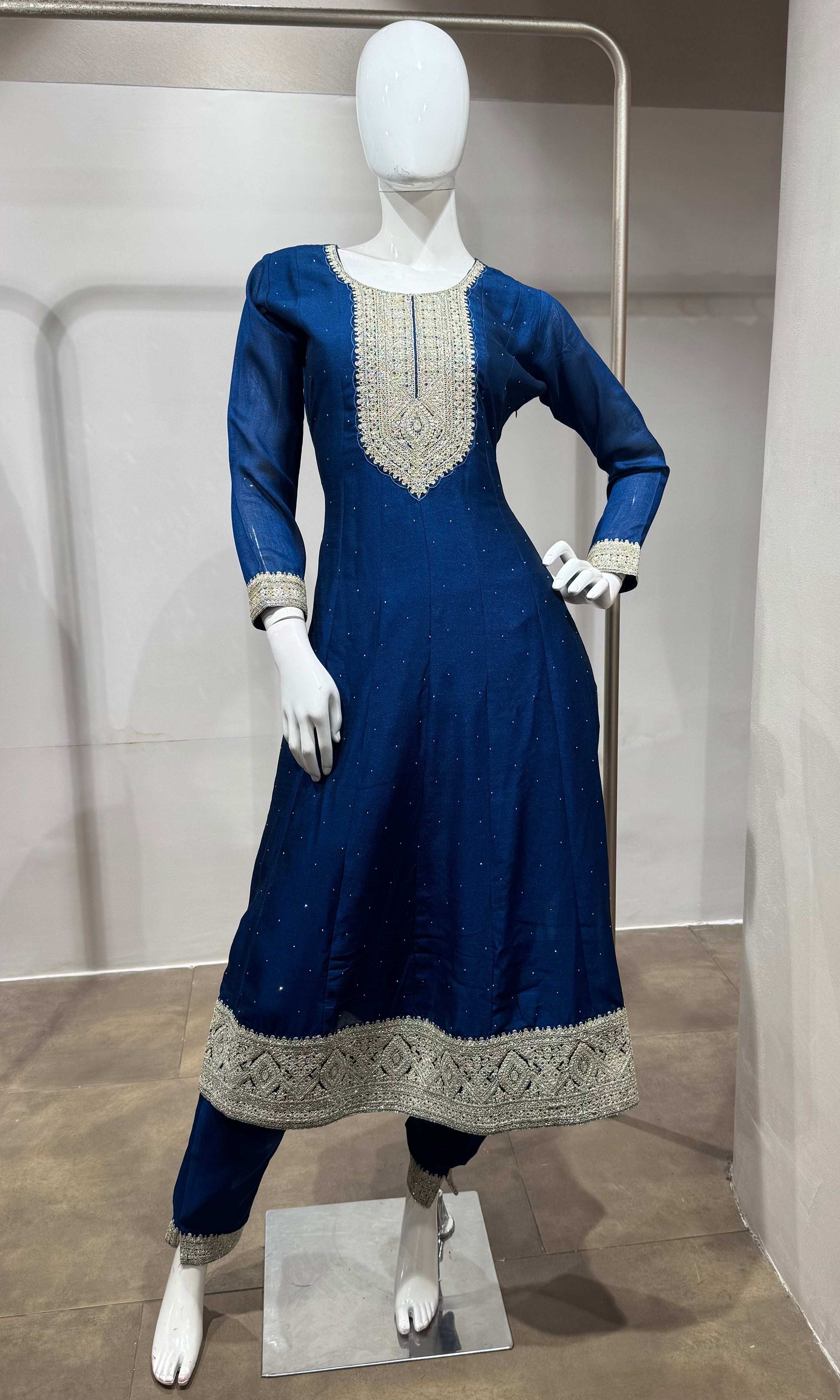 Navy Blue Embroidered Silk Kurta Set