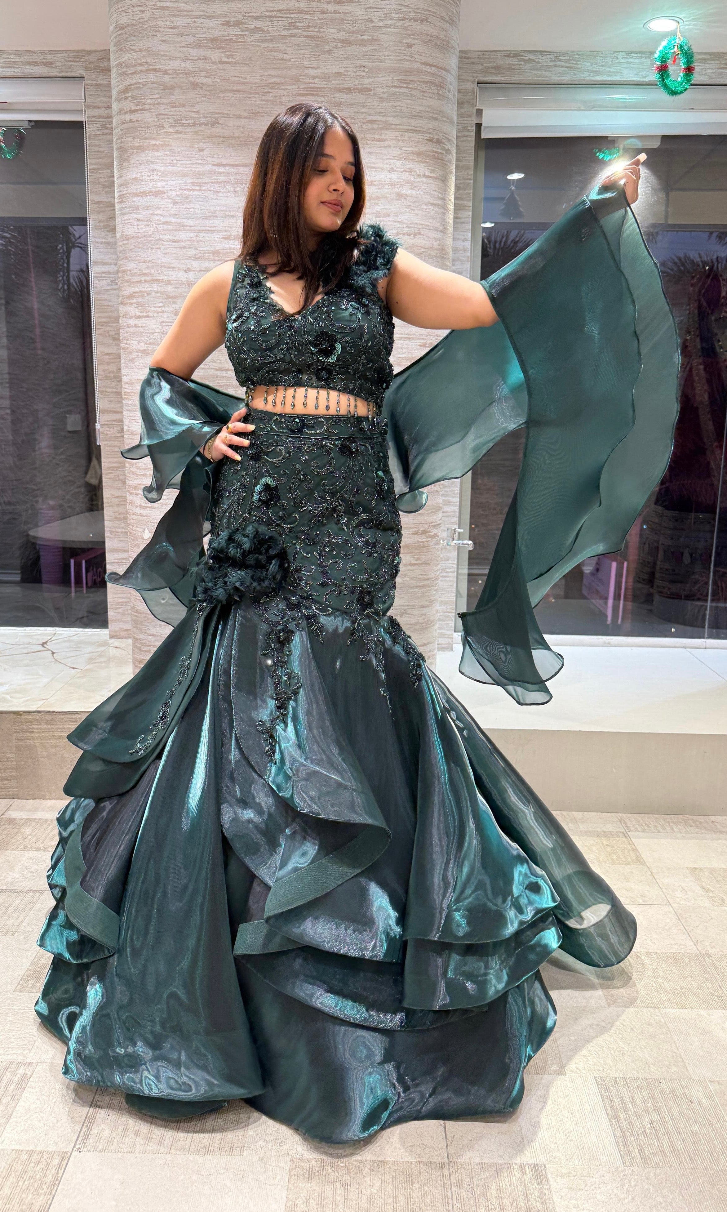 green Emerald Ruffle Lehenga