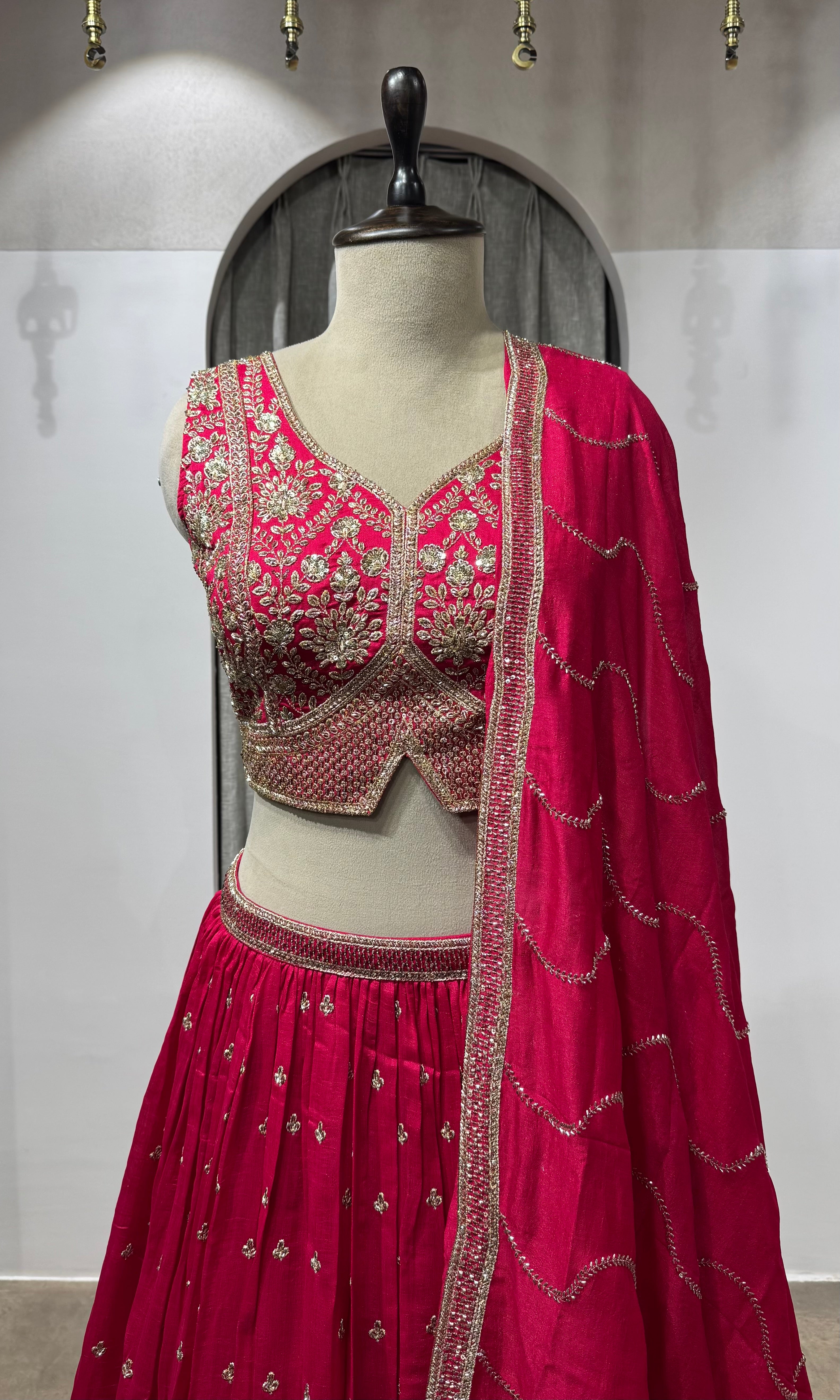 Rani pink Golden Ethnic Lehenga set