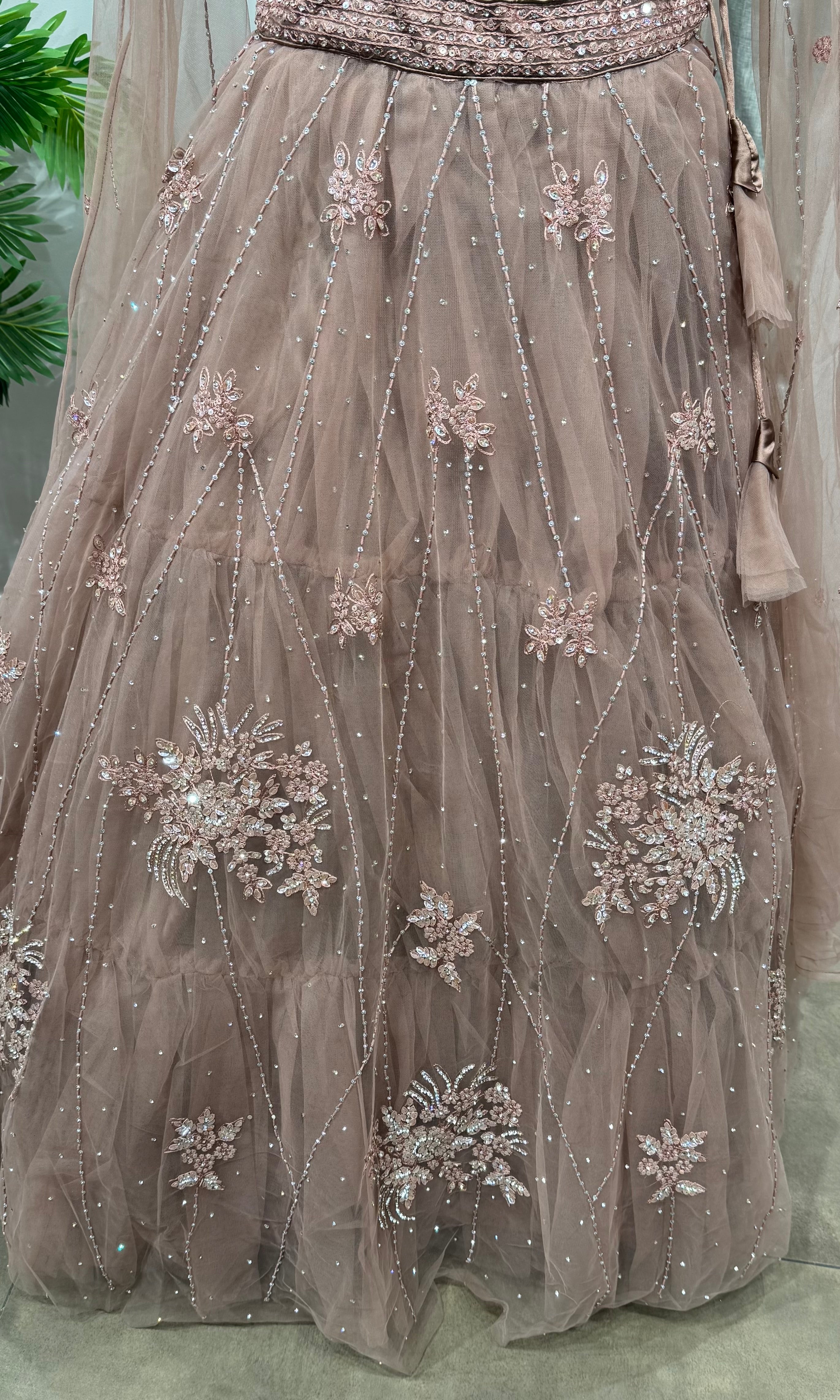 BROWN FLORAL EMBROIDERED NETTED CROP TOP LEHENGA