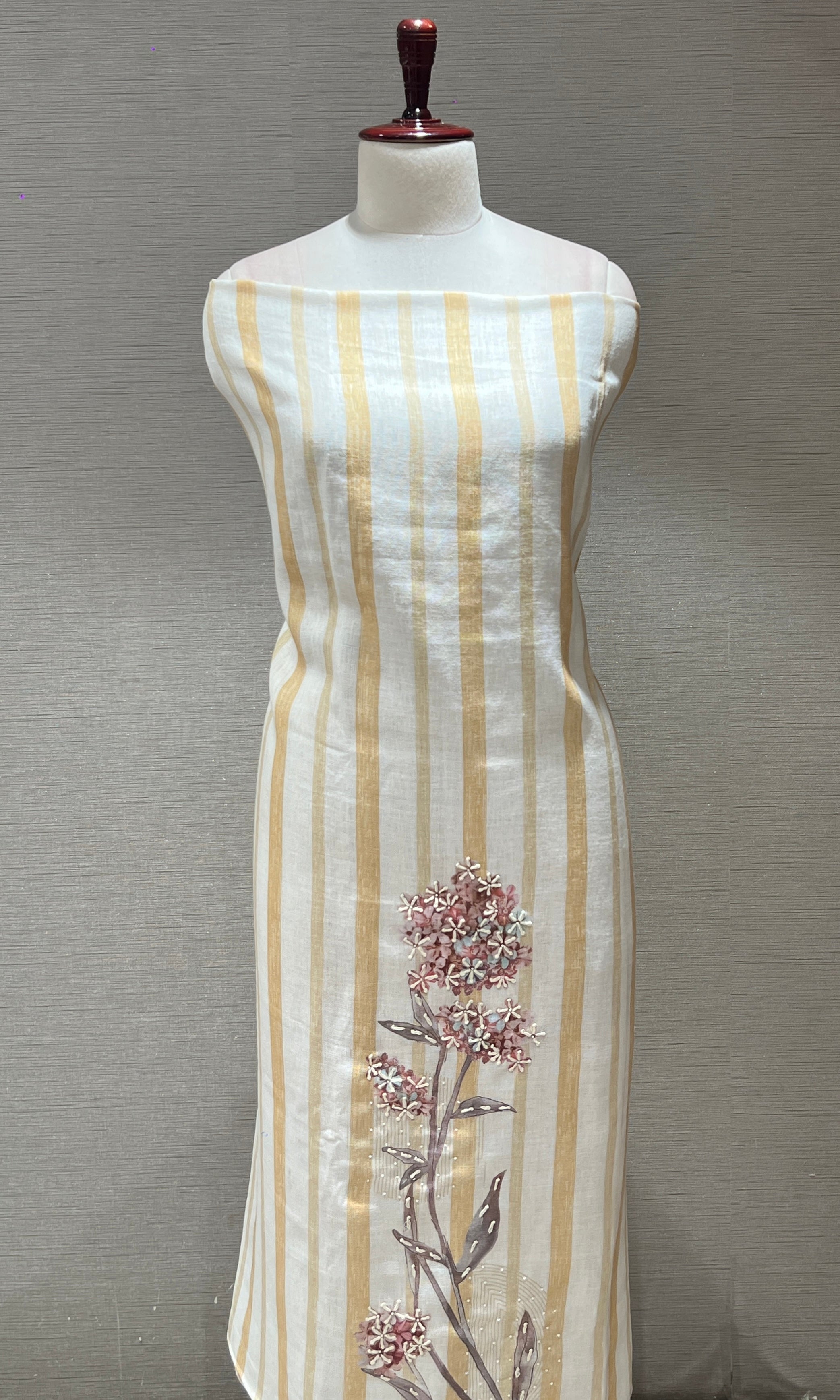 light yellow Striped Floral dress material