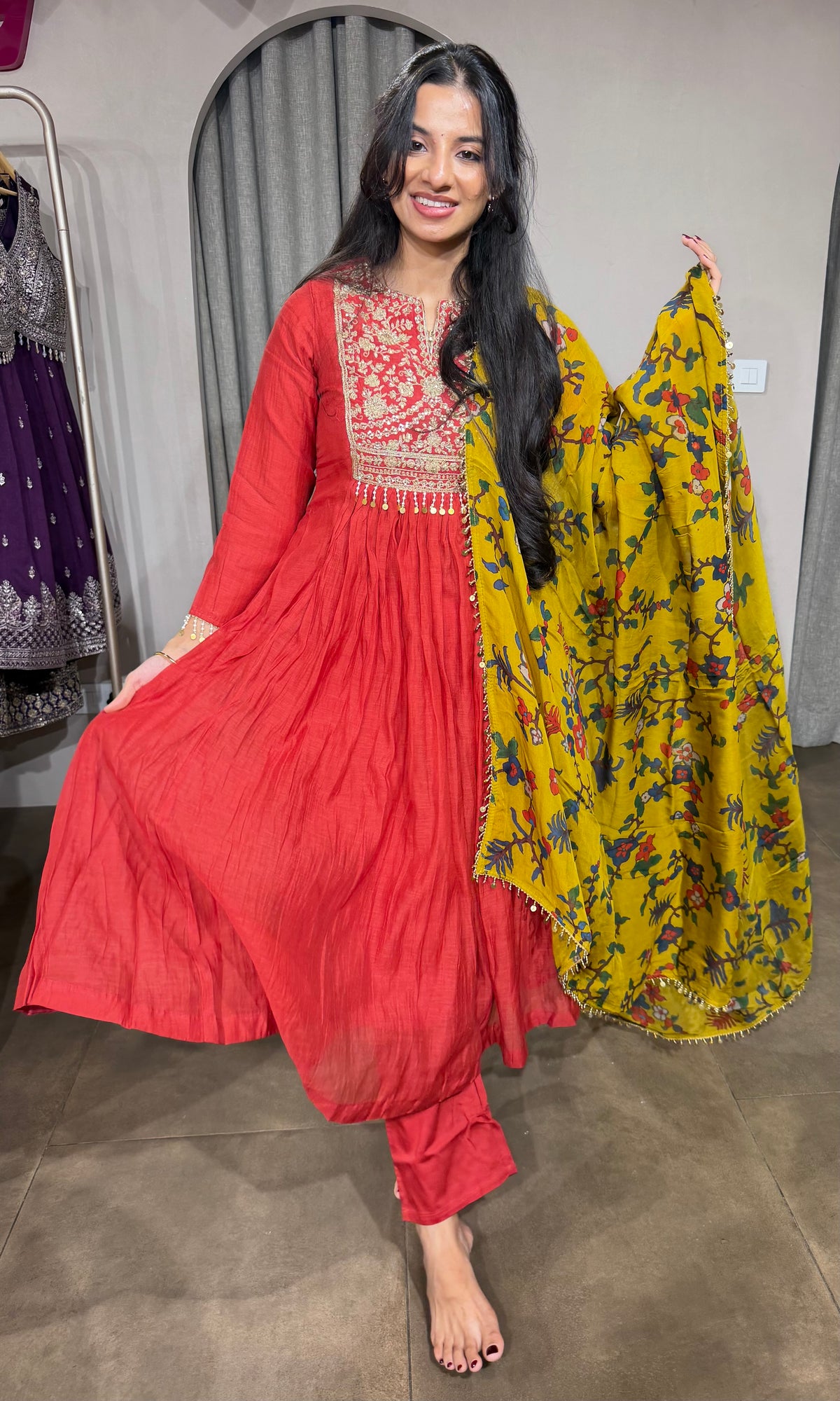Red Mul Chanderi Kurta Set with Floral Mustard Dupatta