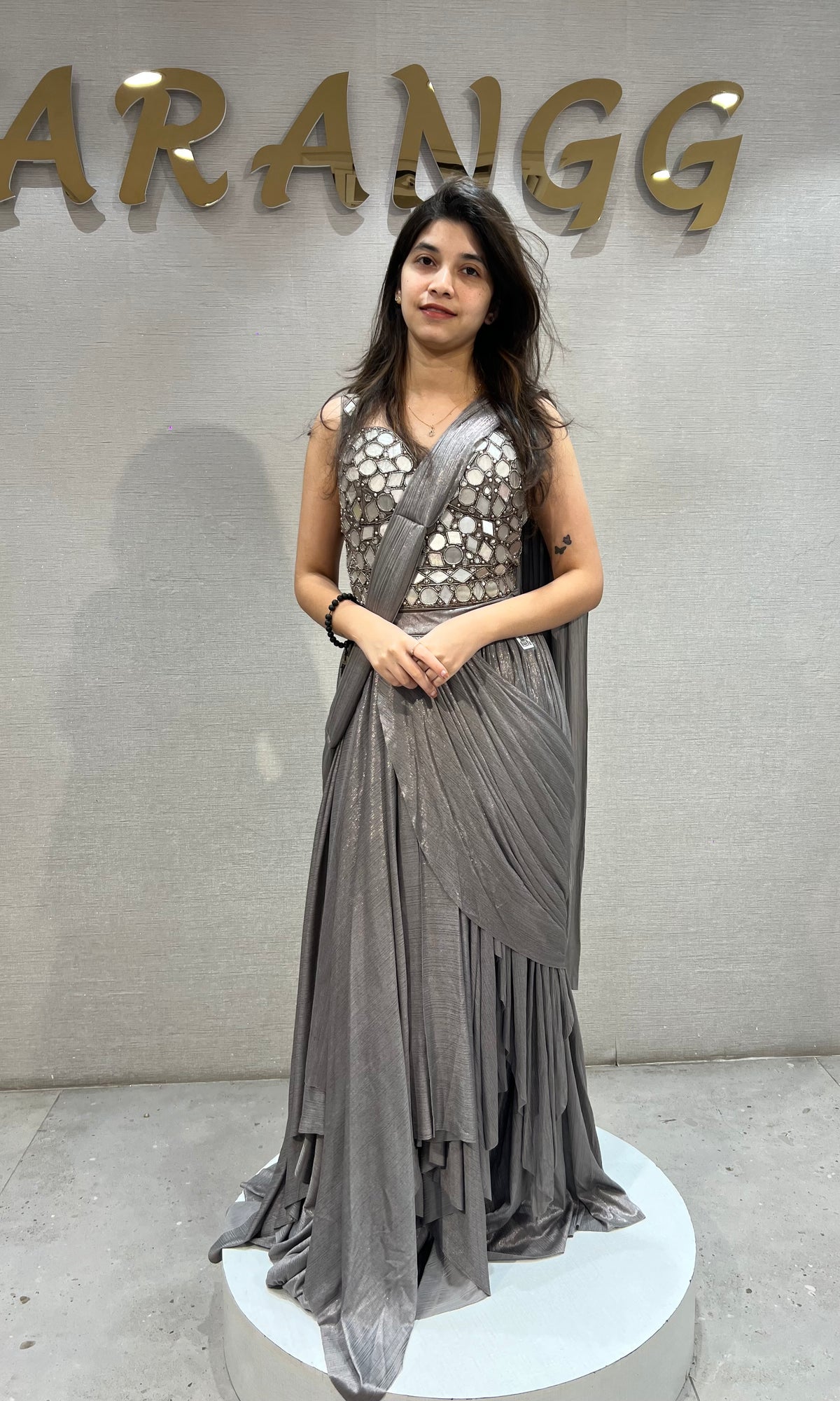 Metallic Grey Embellished Saree with corset blouse