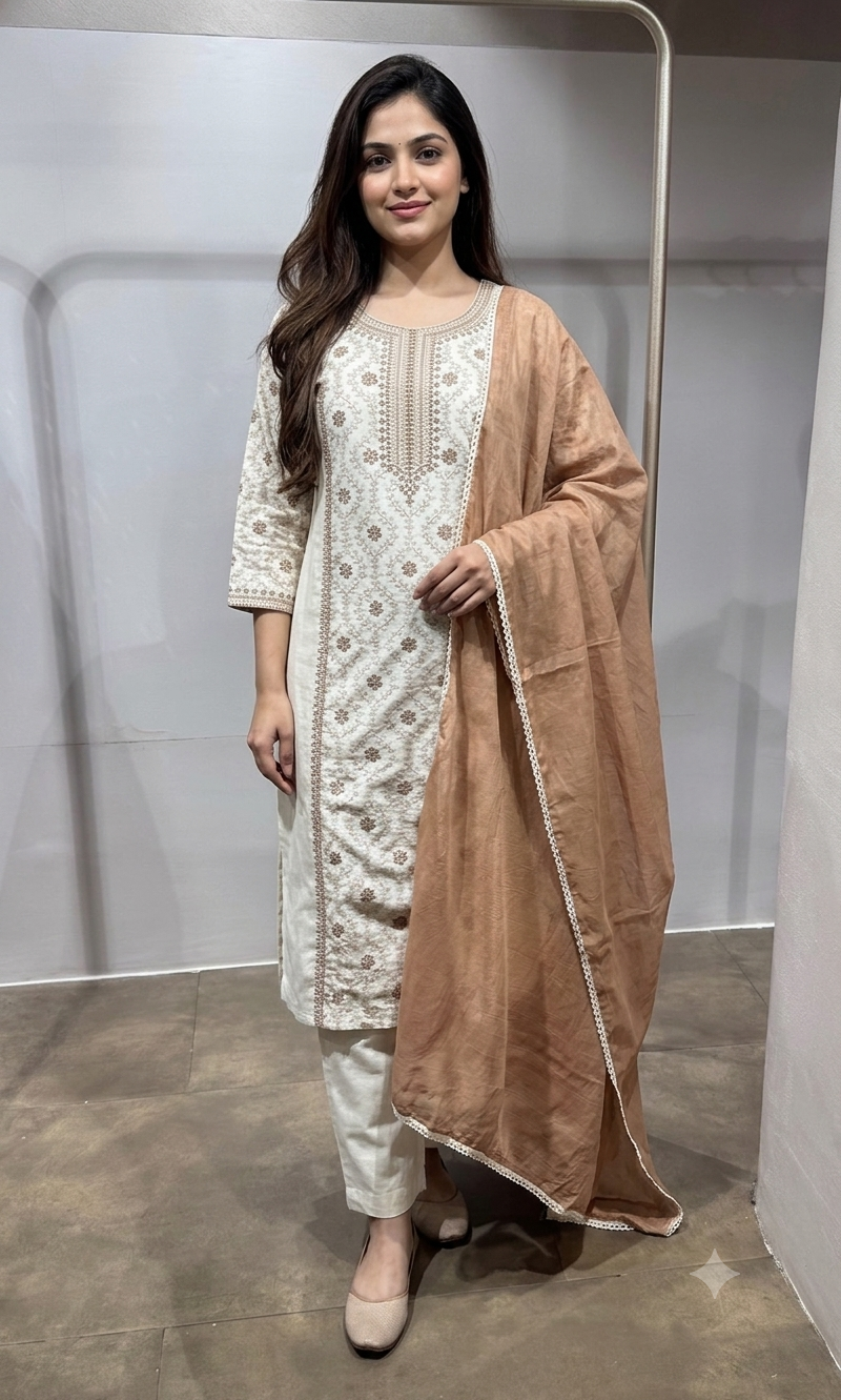 CREAM Cotton Kurta Set with Dupatta