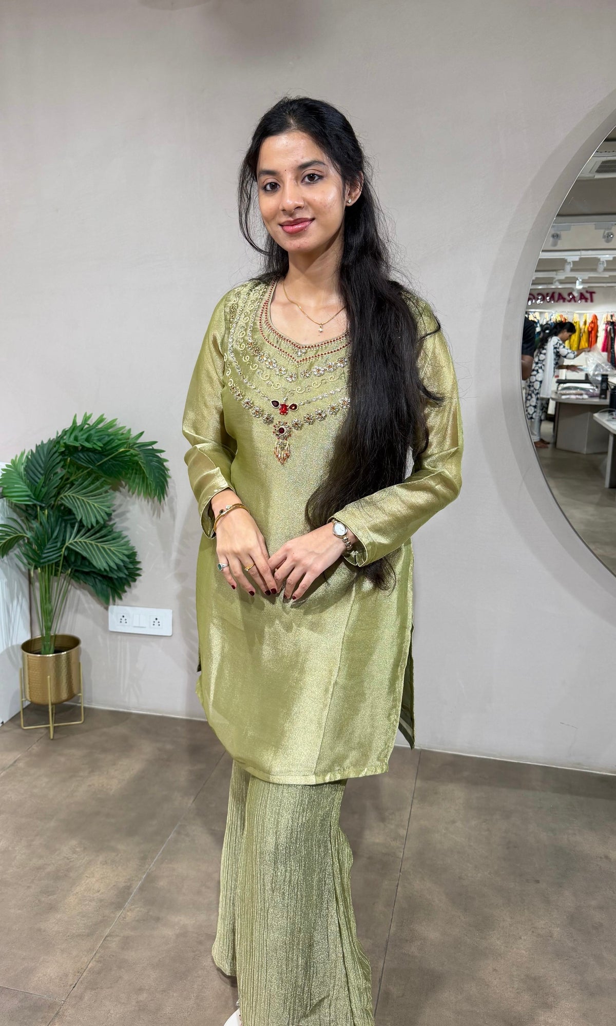 Olive Green Tissue Cord Set with Zardosi Embroidery