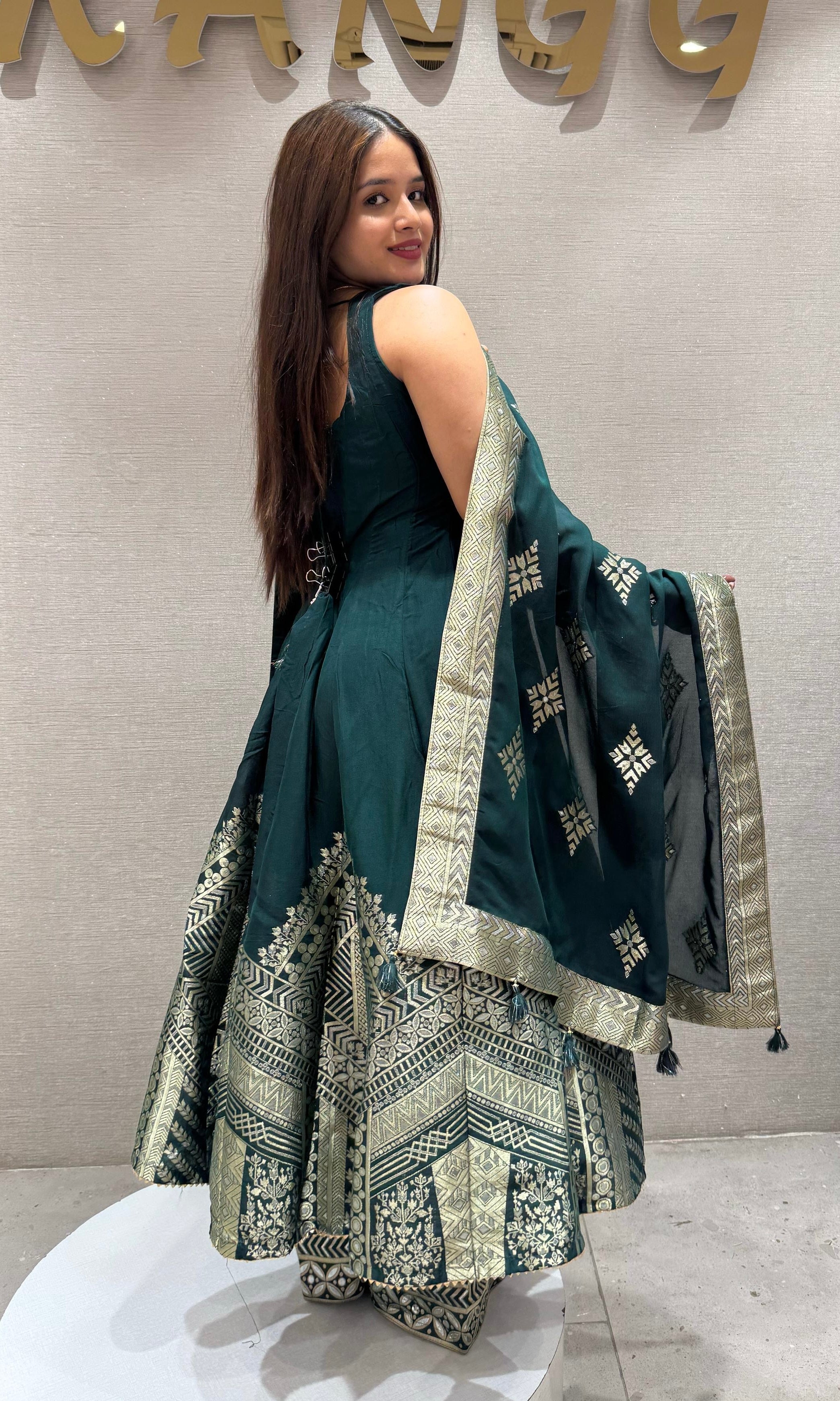 GREEN BANARASI ANARKALI WITH PALAZZO