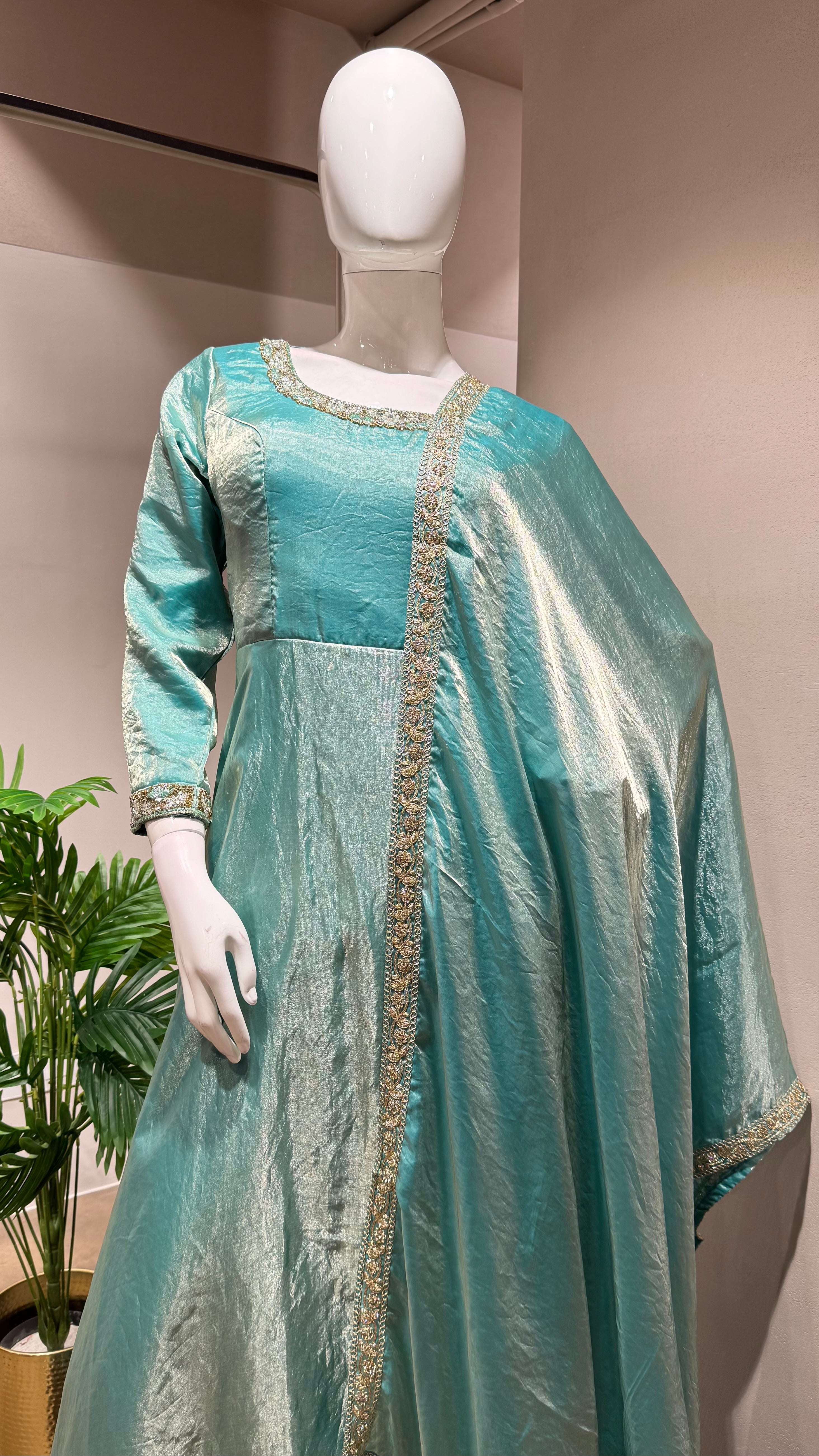 SEA GREEN TISSUE CRYSTAL WORK ANARKALI