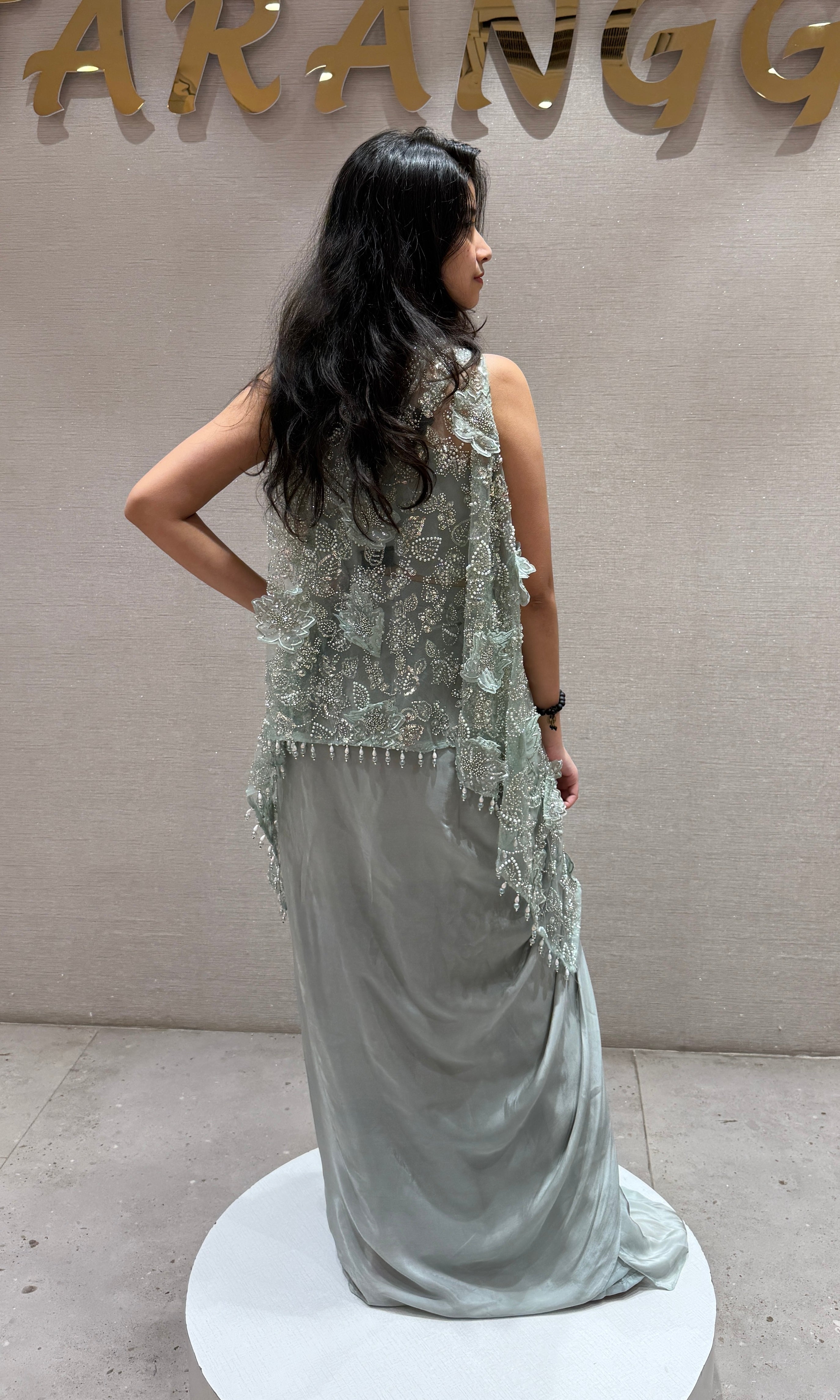 Green Elegant Draped Skirt Set with cape