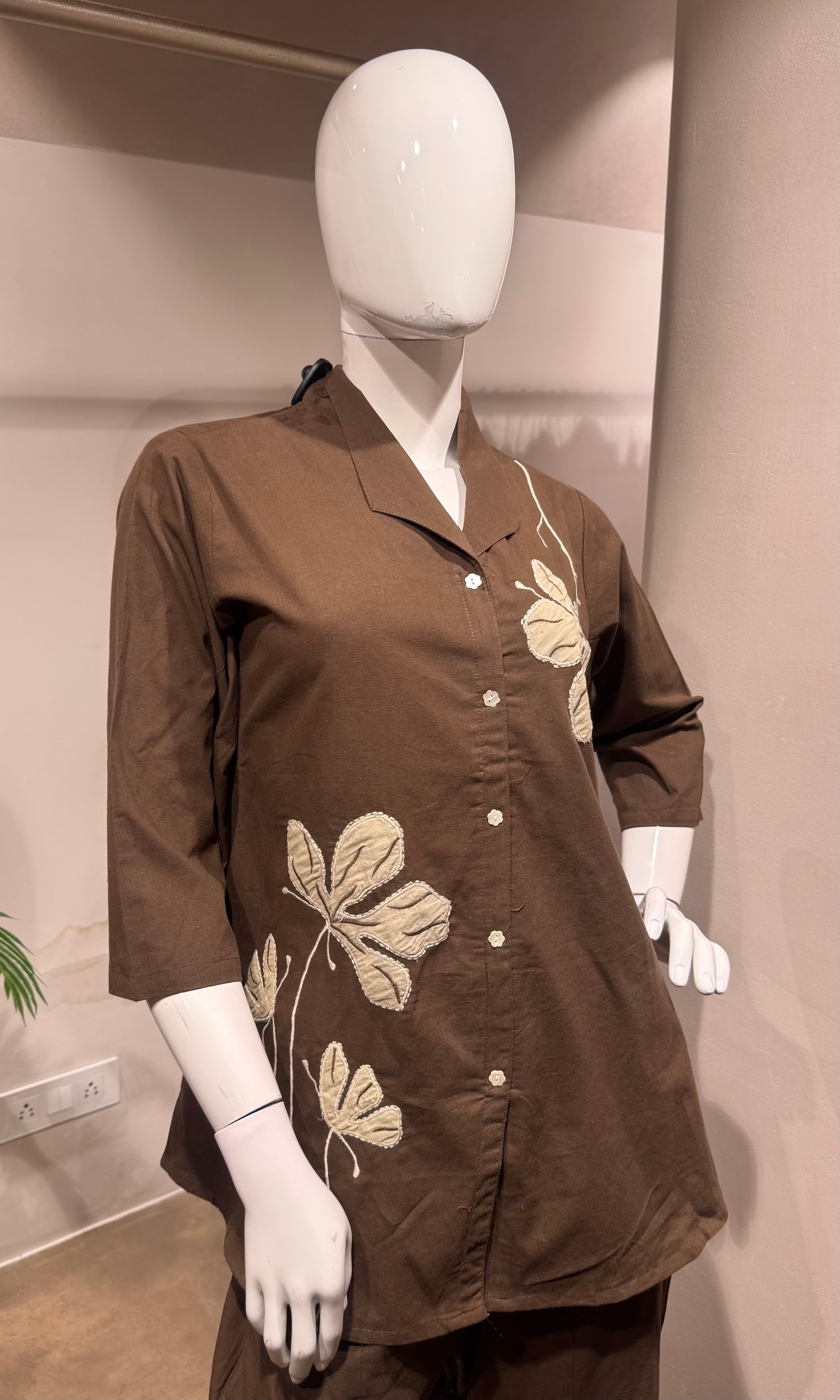 brown linen floral embroidered cord set