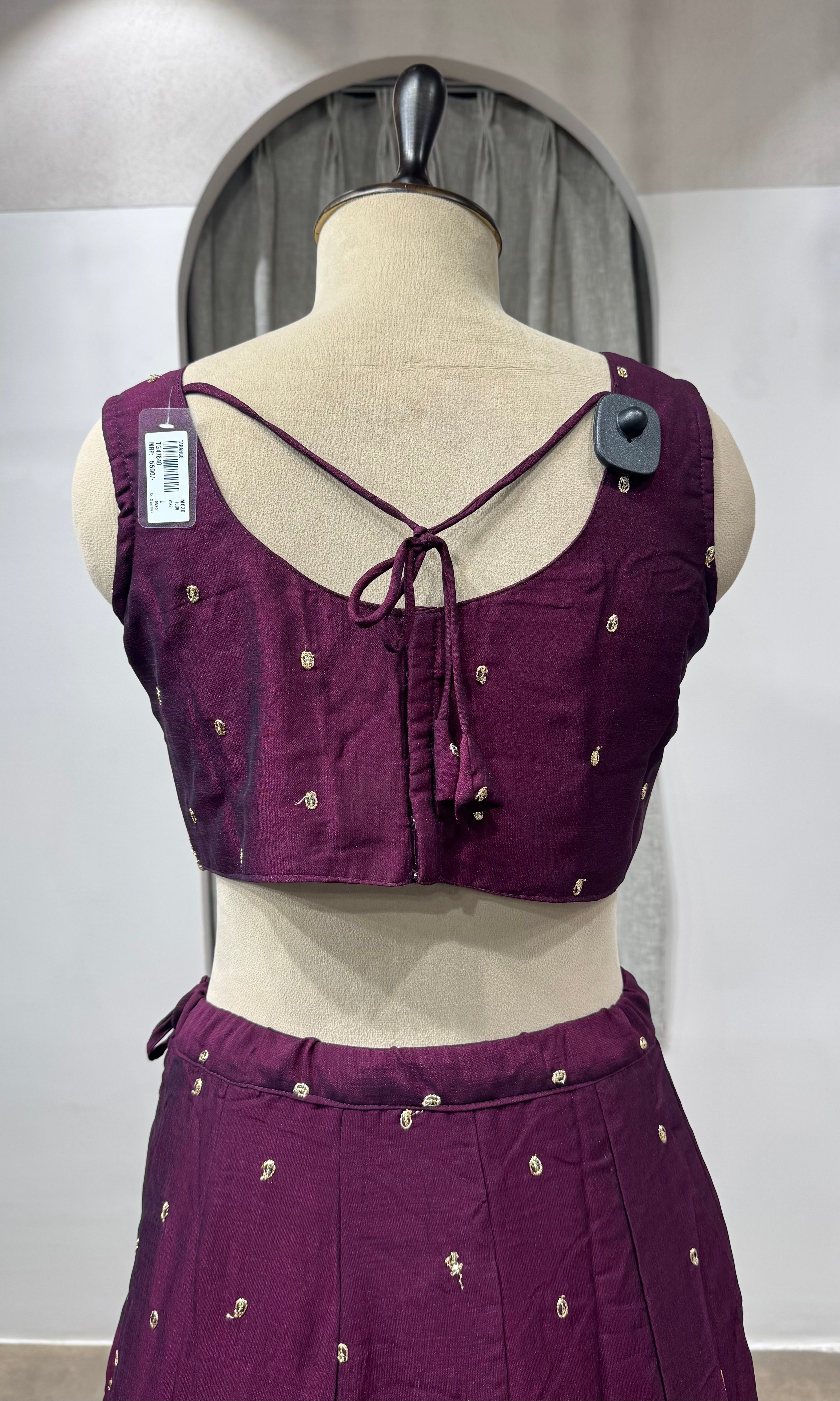 Wine Embroidered Lehenga with Dupatta