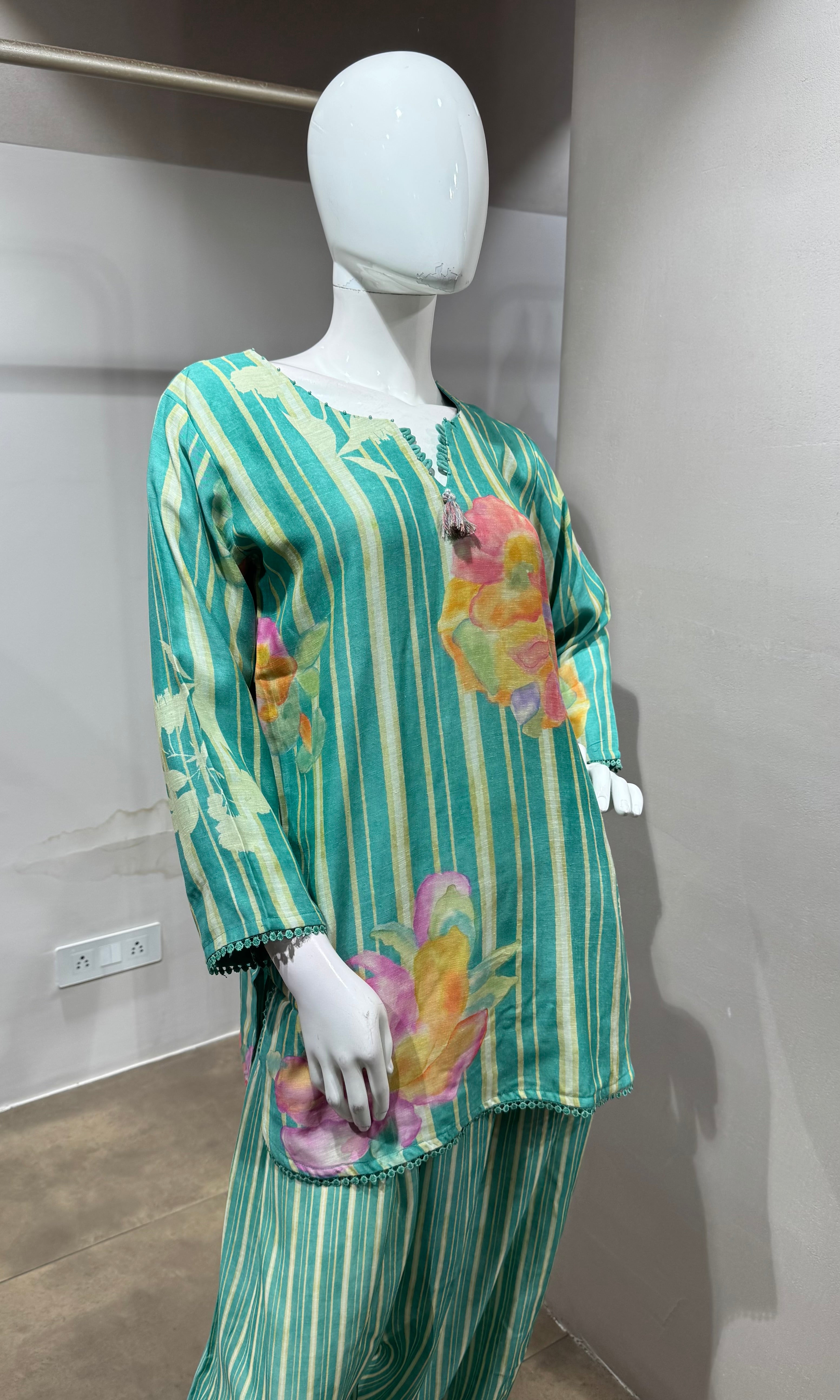 Aqua Green Floral Printed Farsi salwar