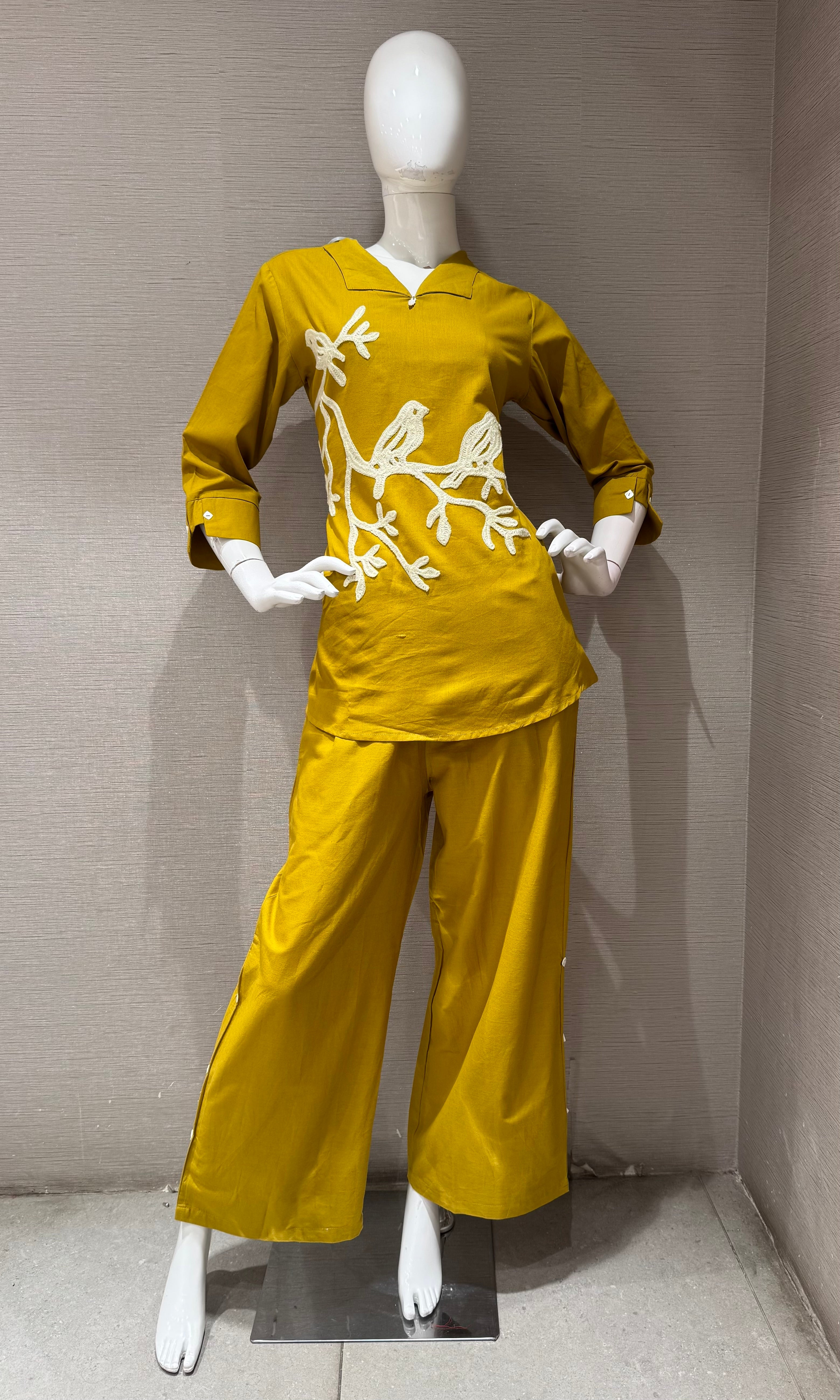 MUSTARD Yellow Bird Embroidered Cord Set