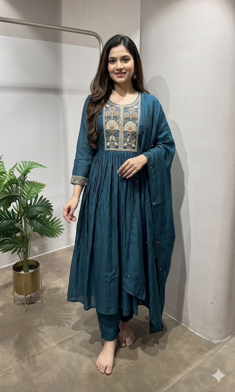 Teal blue embroidered kurta set