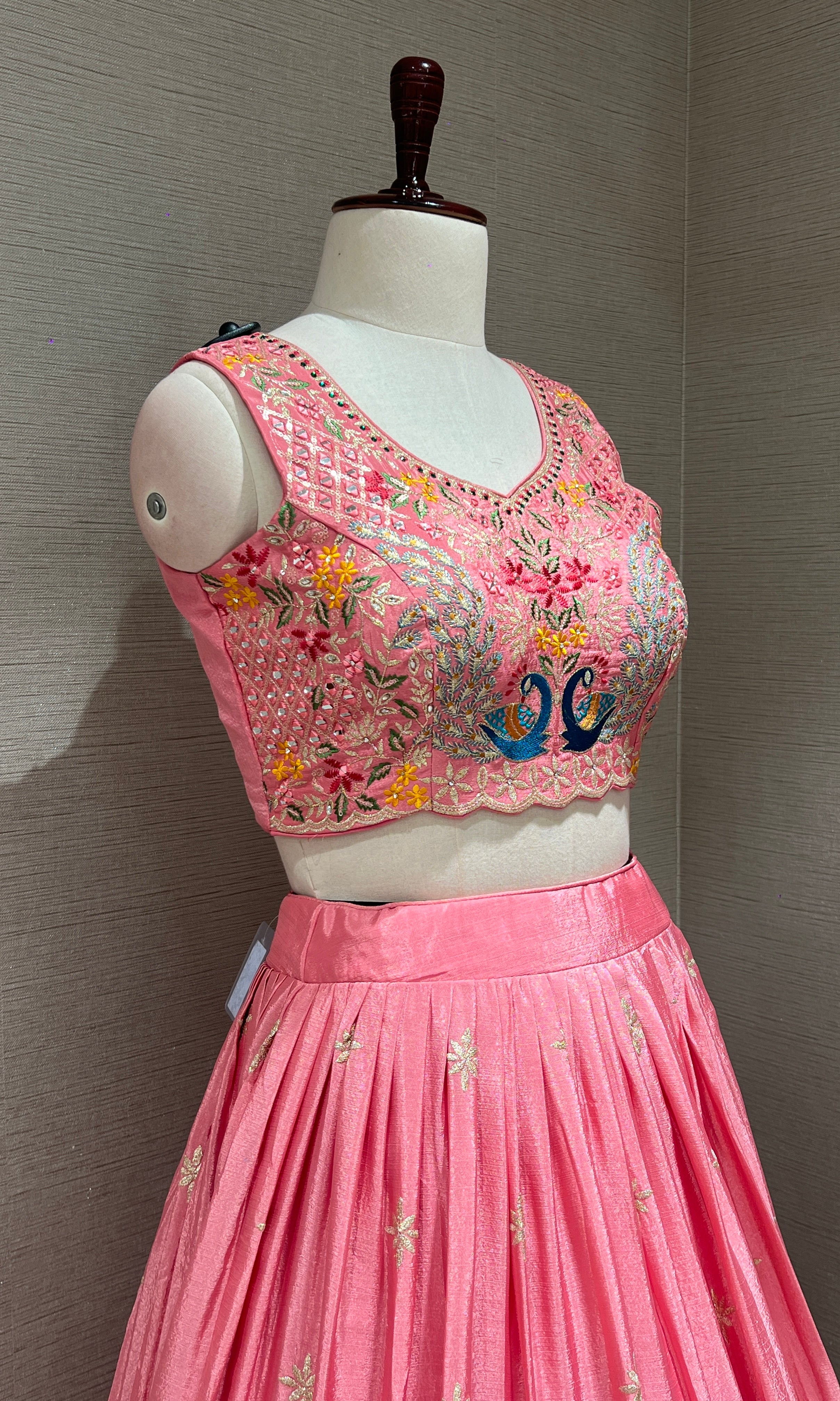 rose pink lehenga with peacock design