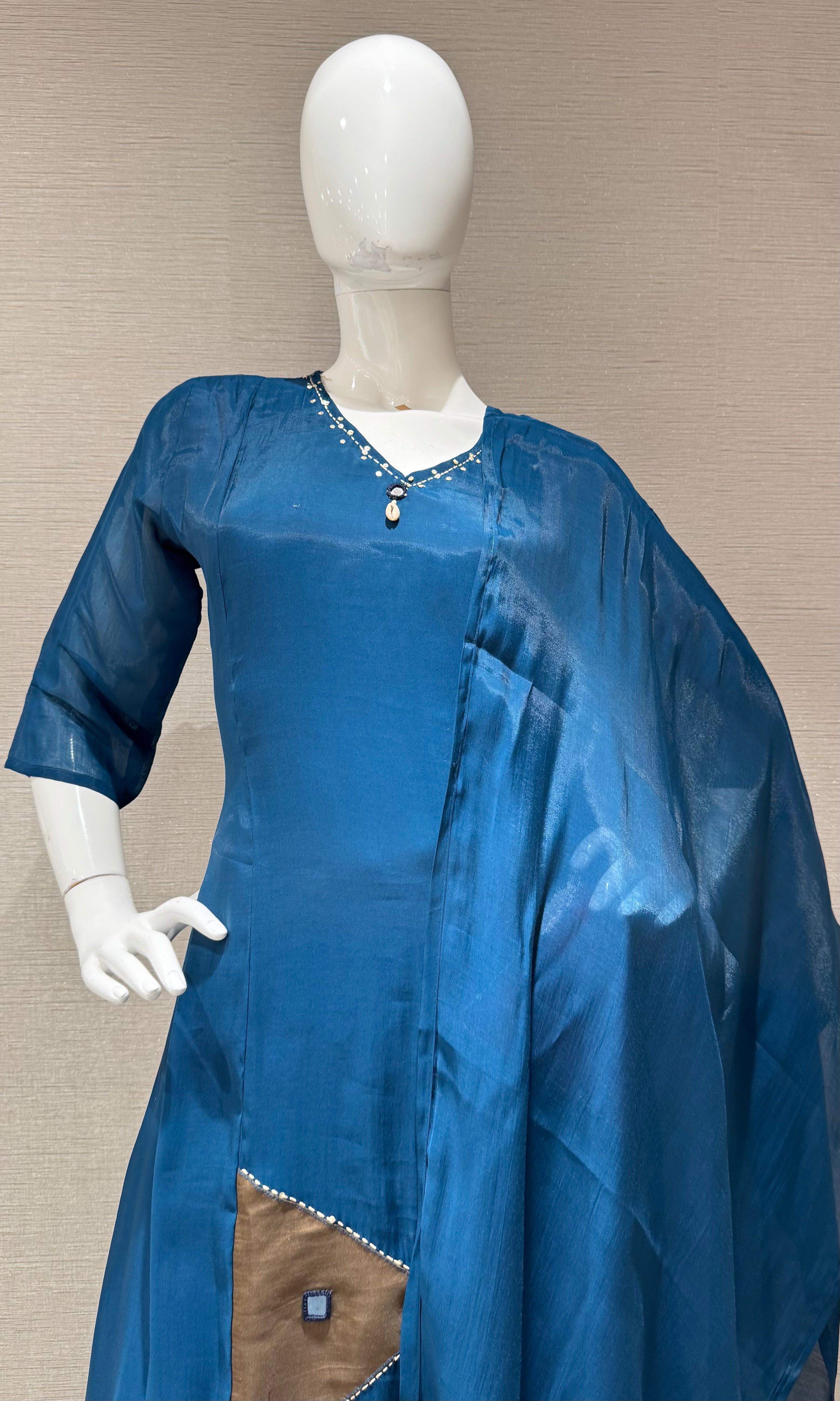 Navy Blue Chanderi Kurta Set with Draped Dupatta