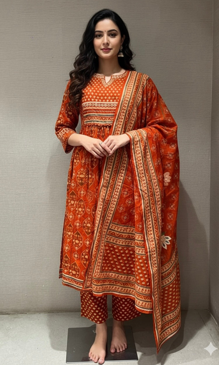 Rust PRINTED KURTA SET WITH FLORAL DUPATTA